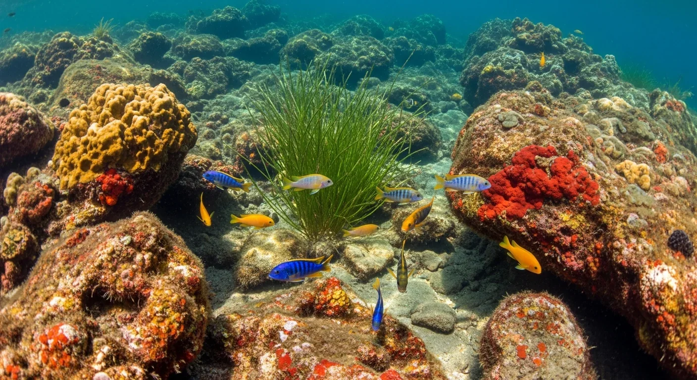 Rocky underwater refugia where surviving cichlid species find protection