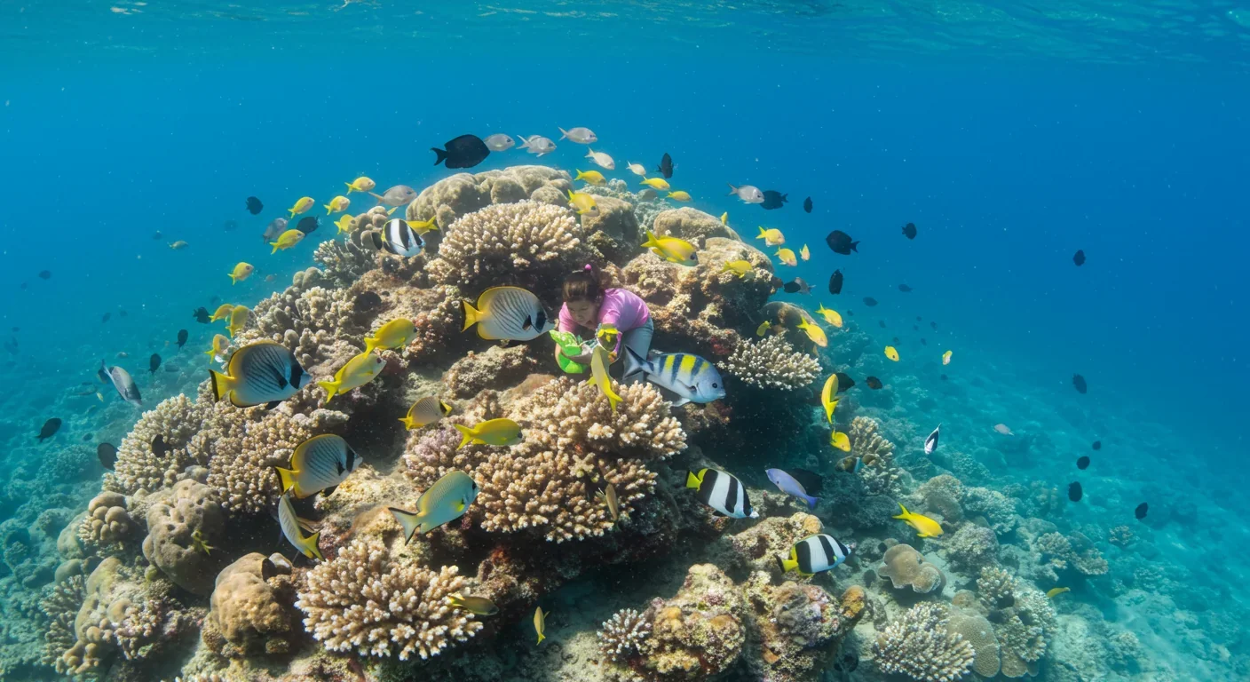 Multiple reef fish species gathering at an active cleaning station on a coral reef, with cleaner fish servicing various clients