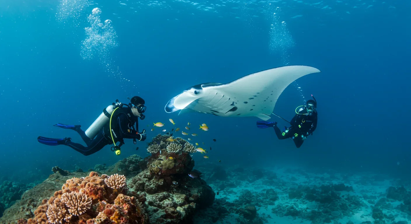 Scuba diver observing a manta ray being serviced by cleaner fish at a coral reef cleaning station during a dive