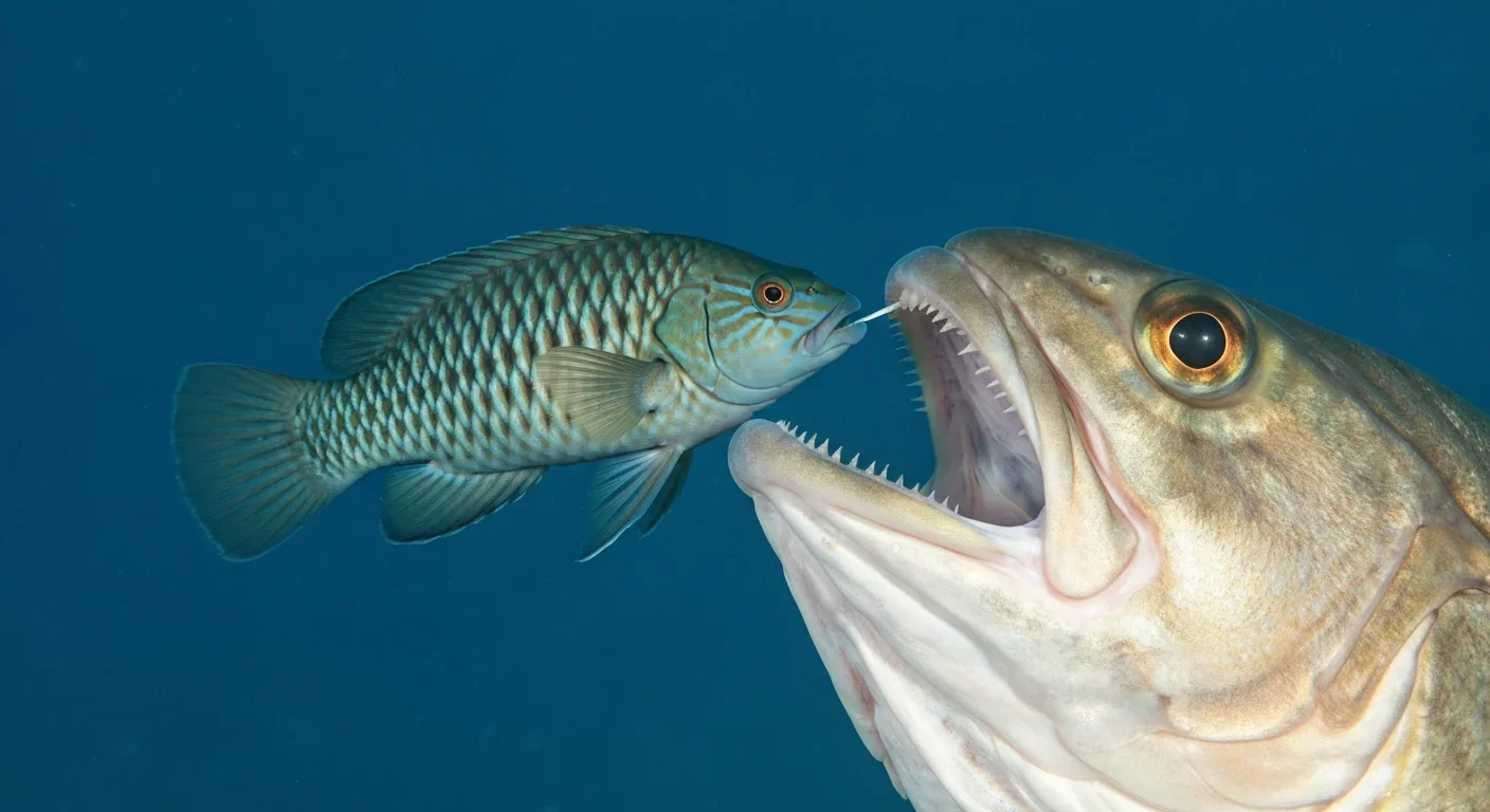 Cleaner wrasse safely entering the open mouth of a predatory fish during cleaning