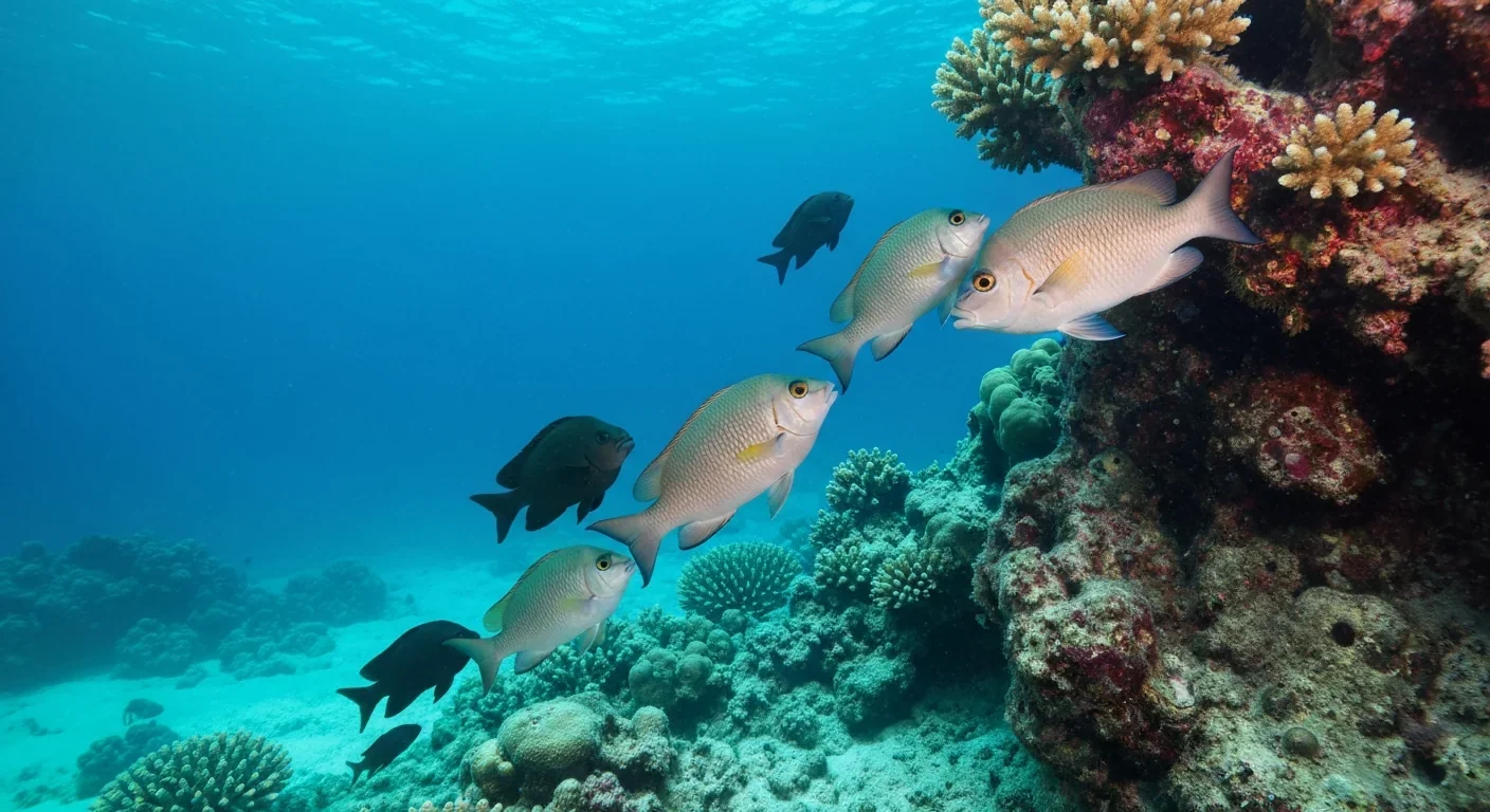 Multiple fish species waiting in an organized queue at a reef cleaning station
