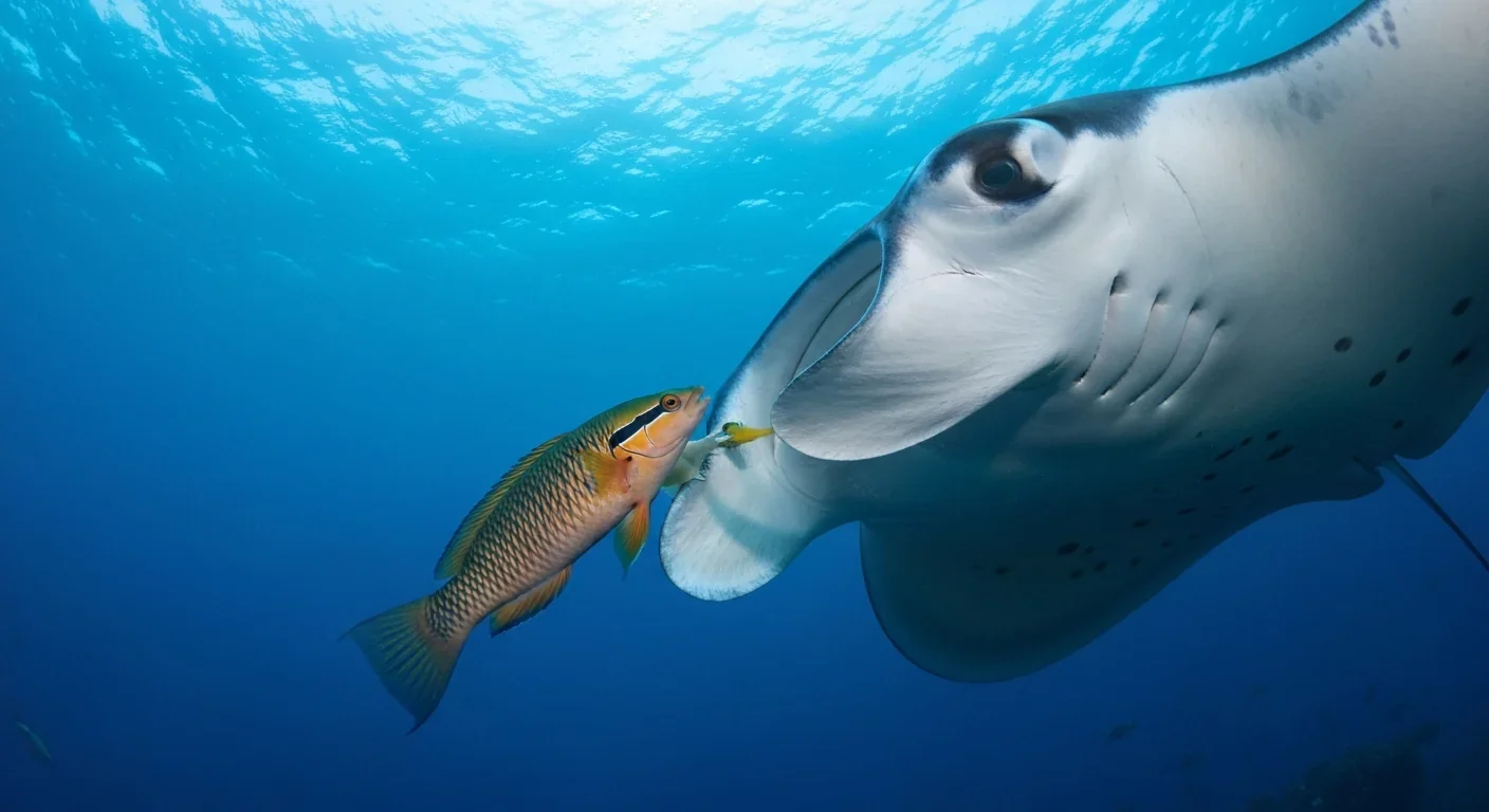 Tiny cleaner wrasse servicing the gills of an enormous manta ray
