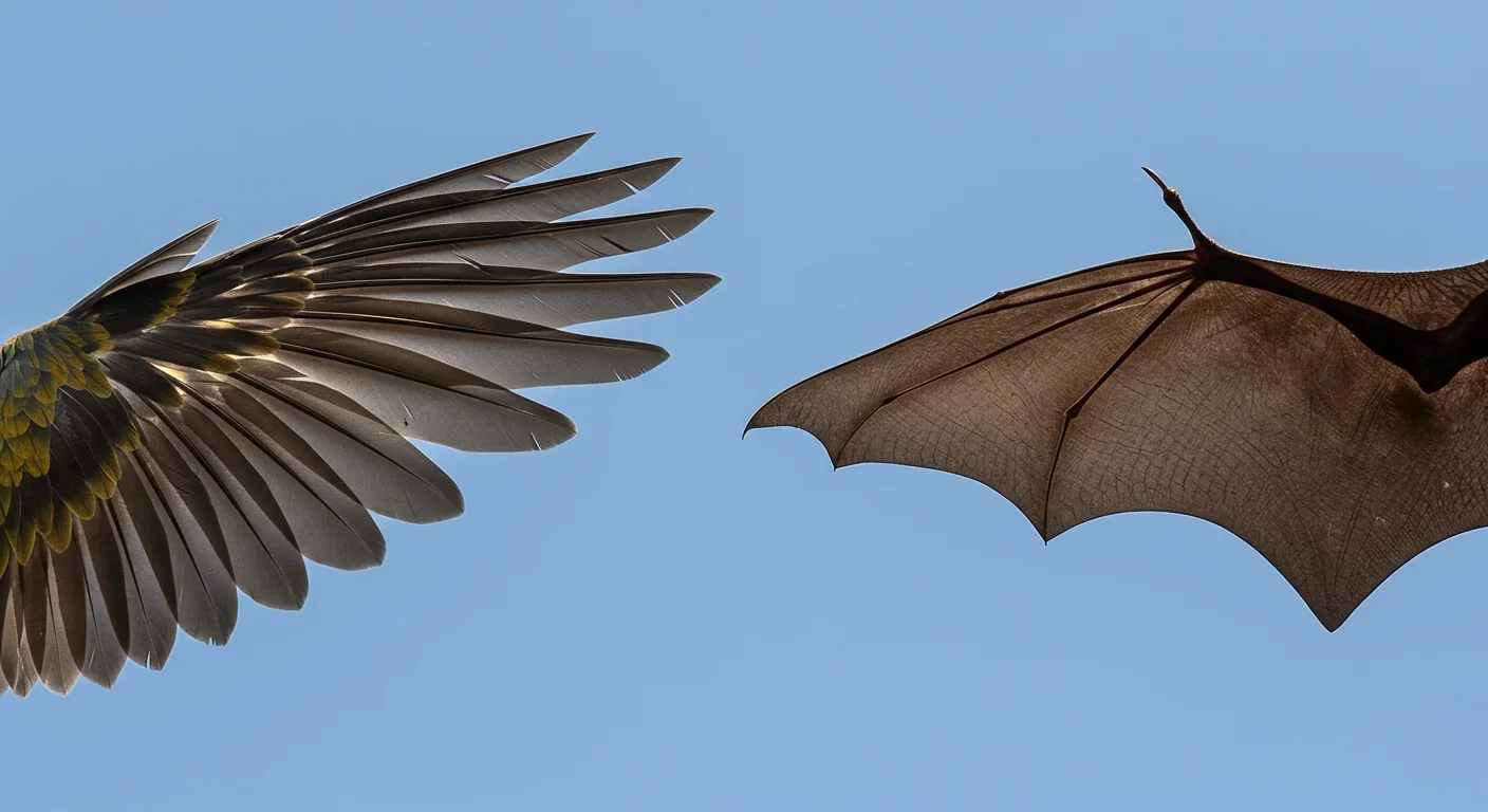 Side-by-side comparison of bird feathered wing and bat membrane wing showing different structural solutions for flight