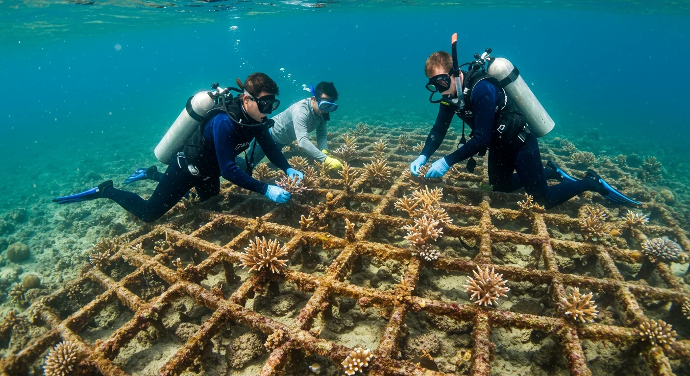 Marine scientists monitoring coral spawning in controlled laboratory aquarium tanks with specialized lighting