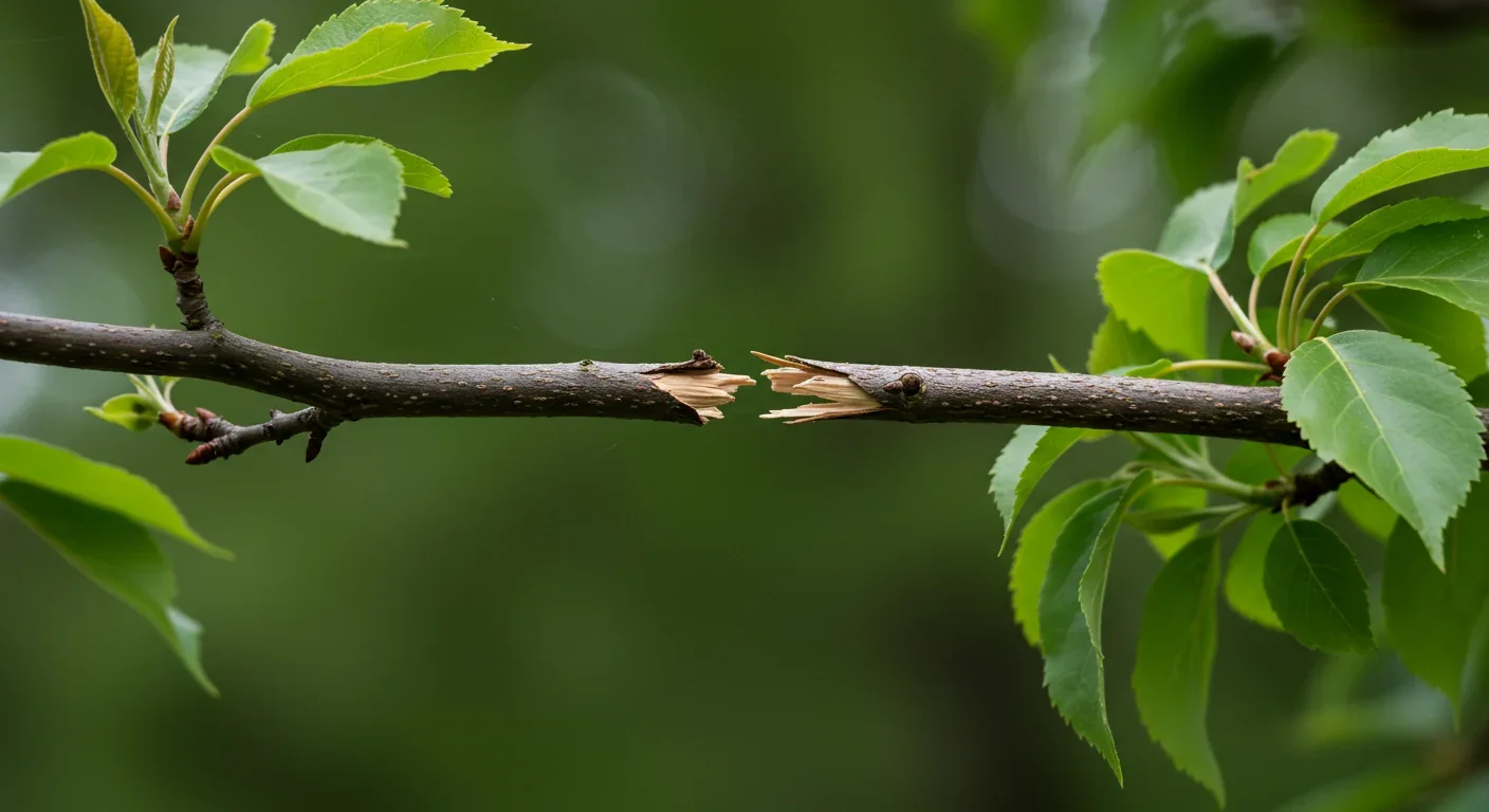 Two tree branches maintaining a small gap between them showing evidence of wind abrasion at branch tips