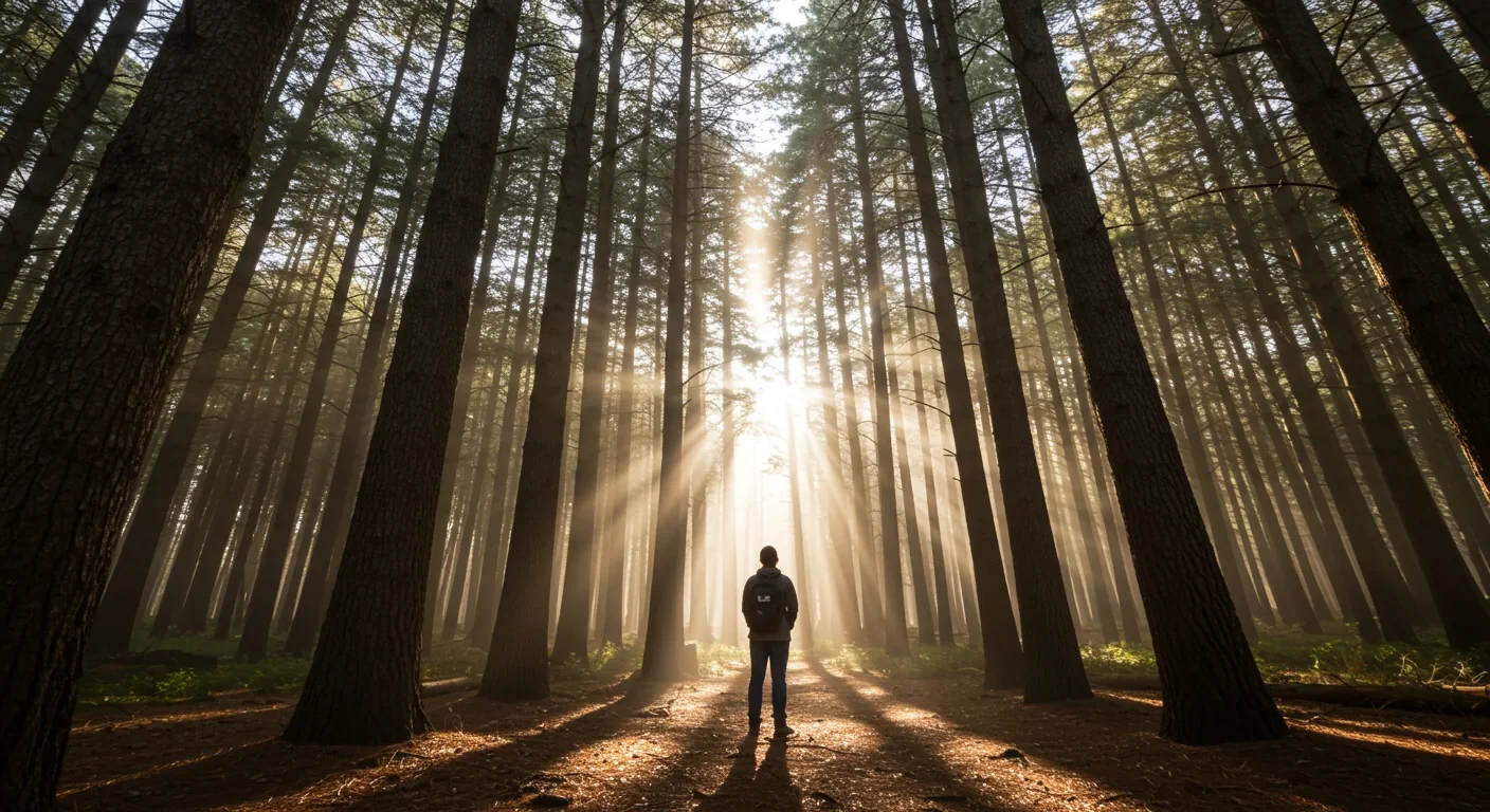 Nature enthusiast observing crown shyness patterns in a mature forest with light streaming through canopy gaps