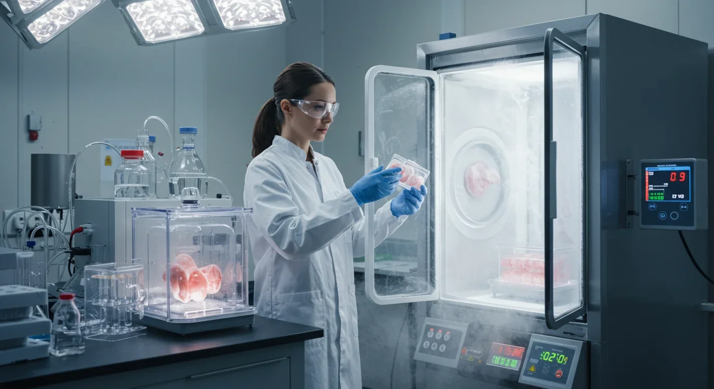 Medical researcher examining organ preservation chamber with cryogenic storage technology in modern laboratory