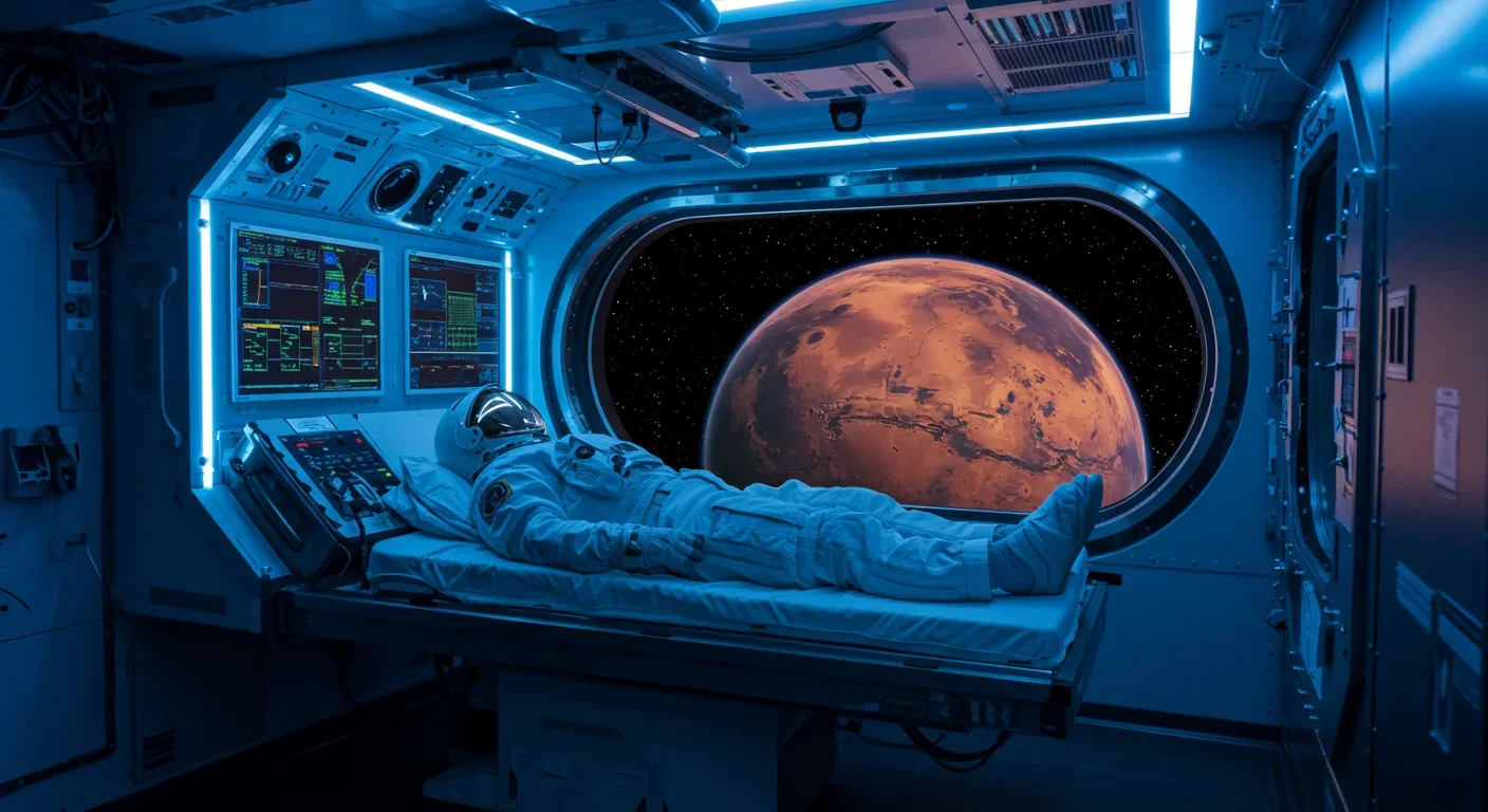 Astronaut in suspended animation sleep pod aboard spacecraft with Mars visible through window