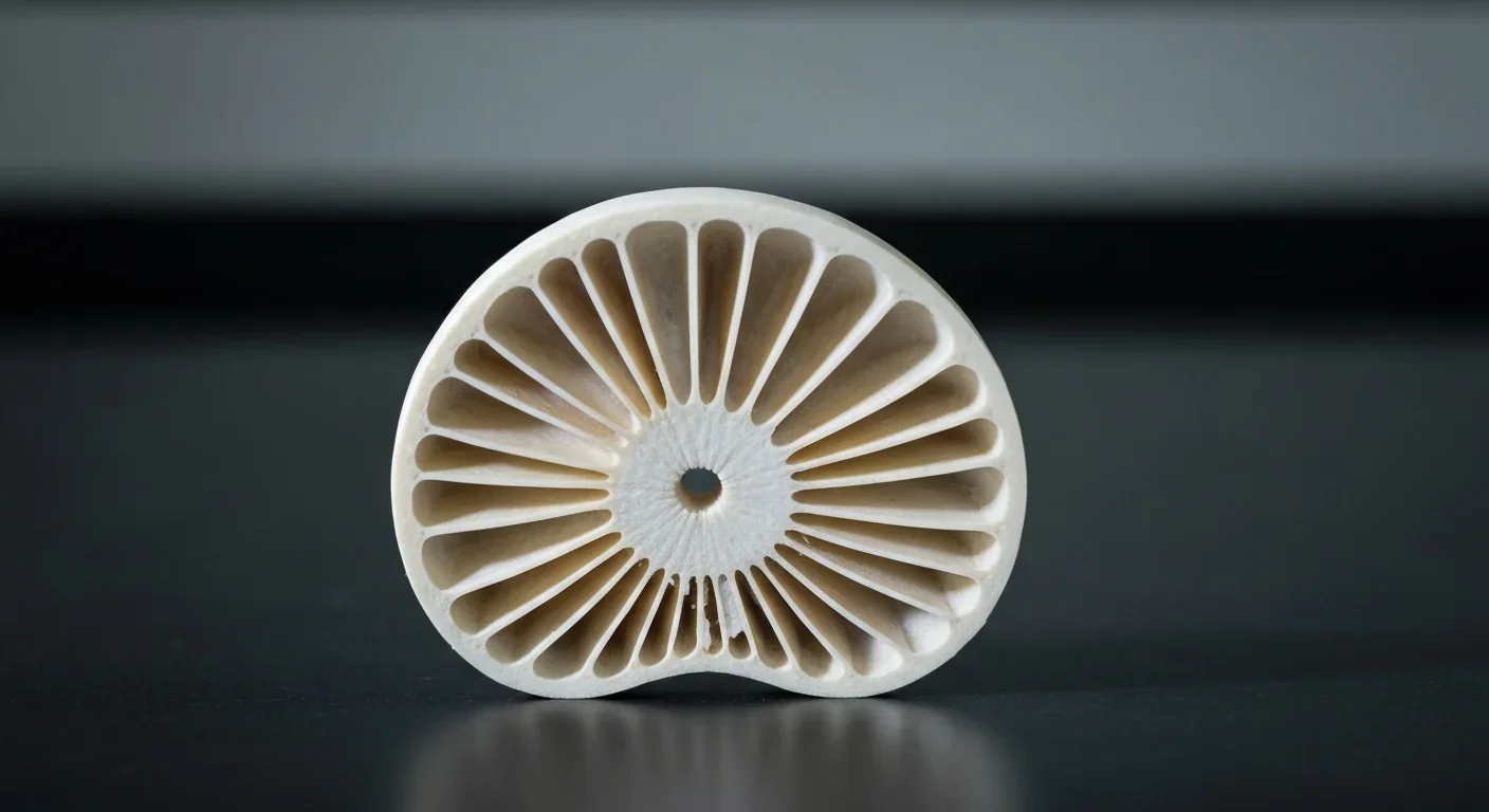 Cross-section of a cuttlebone revealing hundreds of thin layered chambers separated by calcified septa