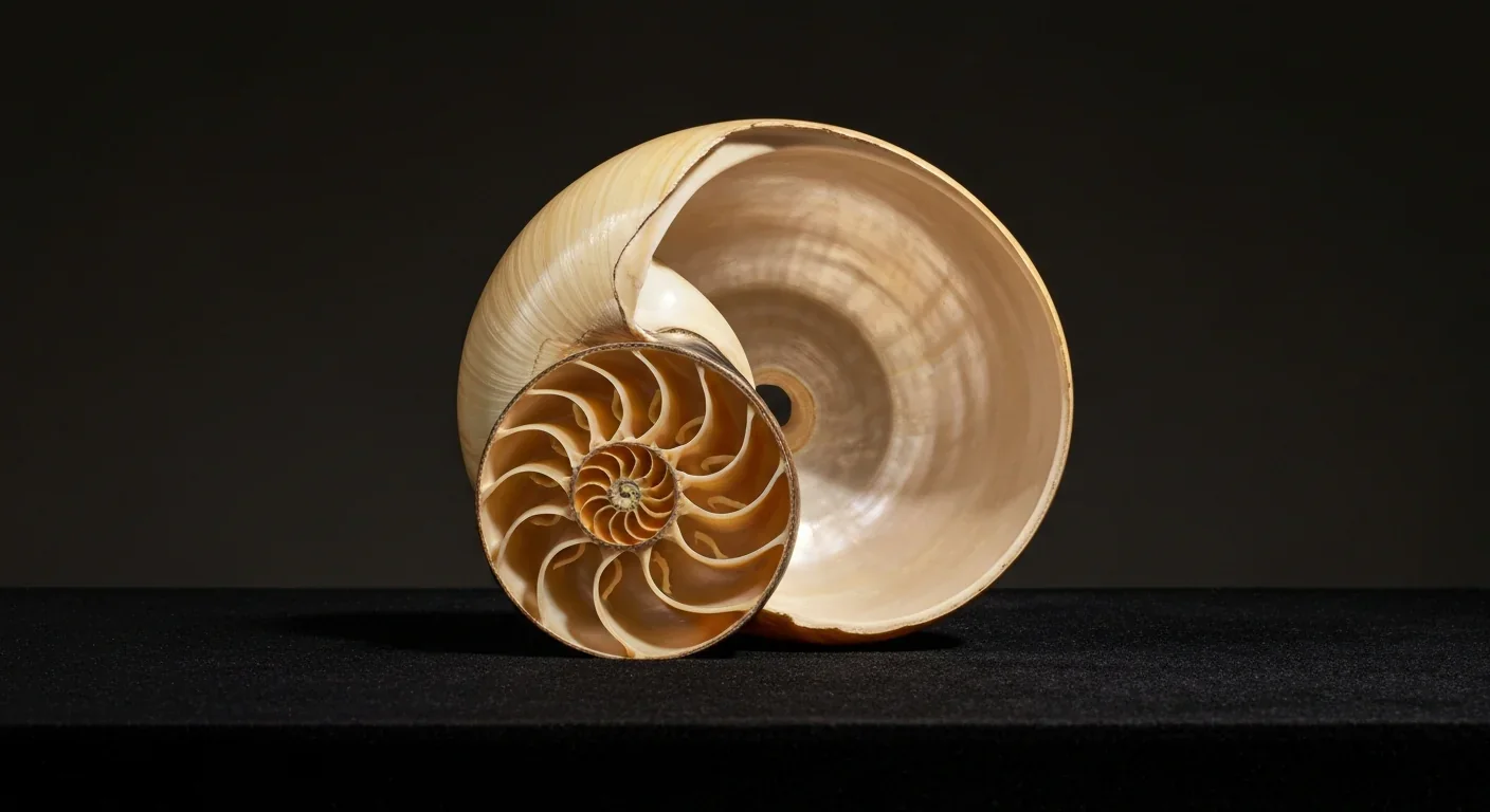 A halved nautilus shell displays its spiral arrangement of internal chambers lined with pearlescent nacre