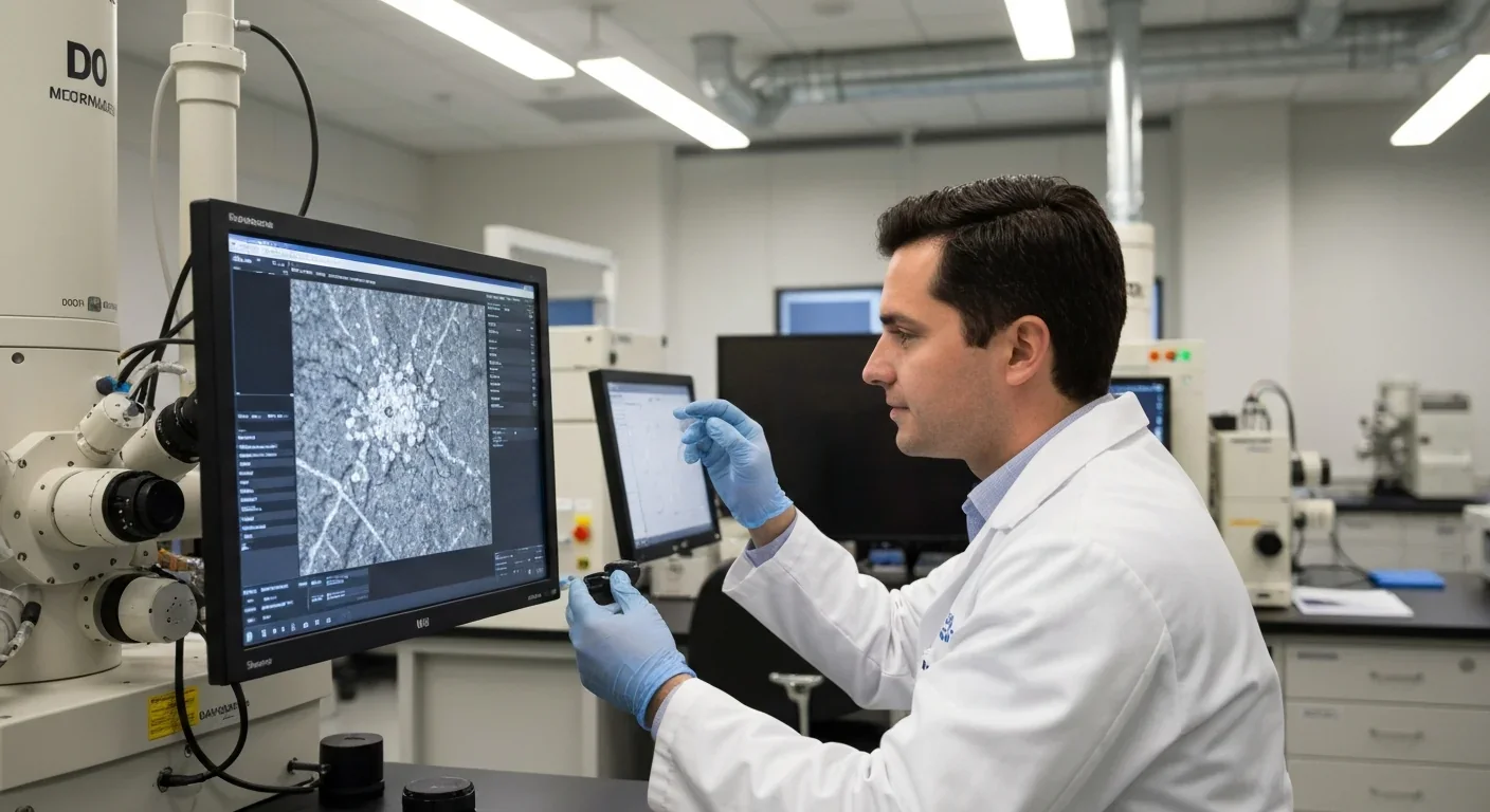 A researcher examines structural details on a scanning electron microscope display in a university materials science lab