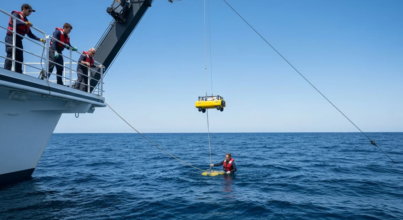 An autonomous underwater vehicle is lowered into the ocean from a research vessel by crew members in safety vests