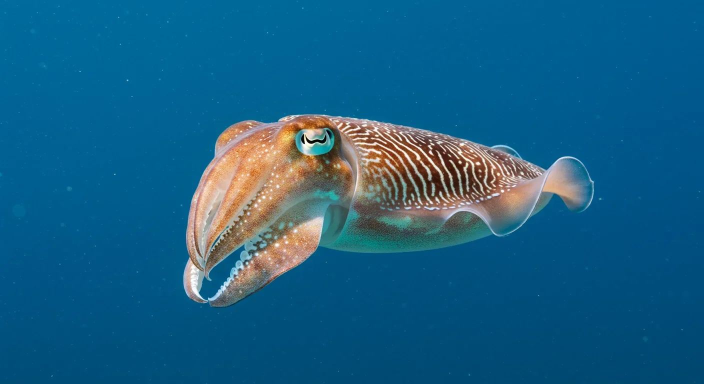 Close-up of a common cuttlefish with distinctive W-shaped pupils and color-changing skin in ocean water