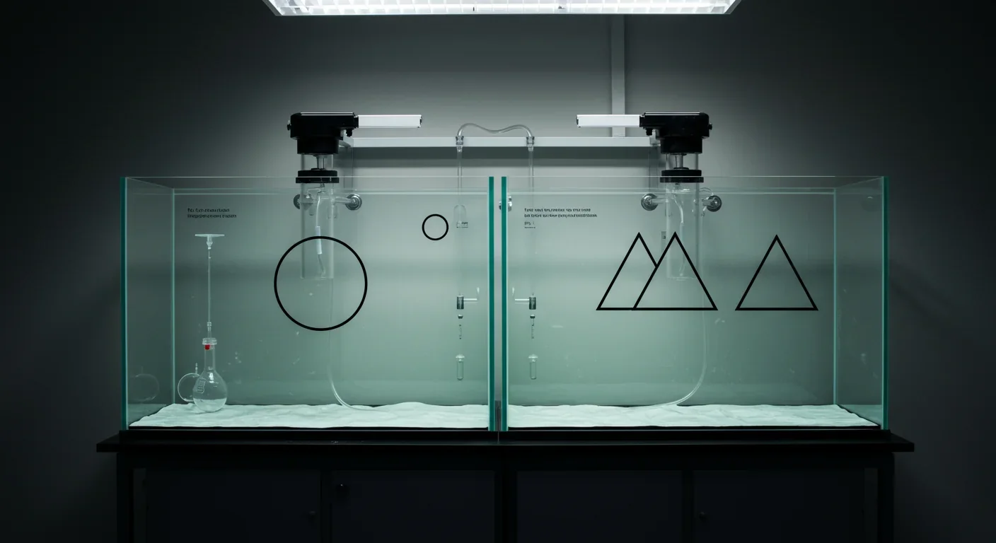 Experimental aquarium setup with two chambers and geometric symbol markers used in cuttlefish cognition research