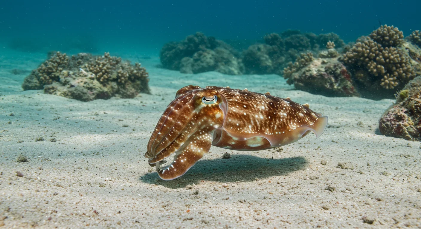 Cuttlefish using camouflage to blend seamlessly with coral reef environment