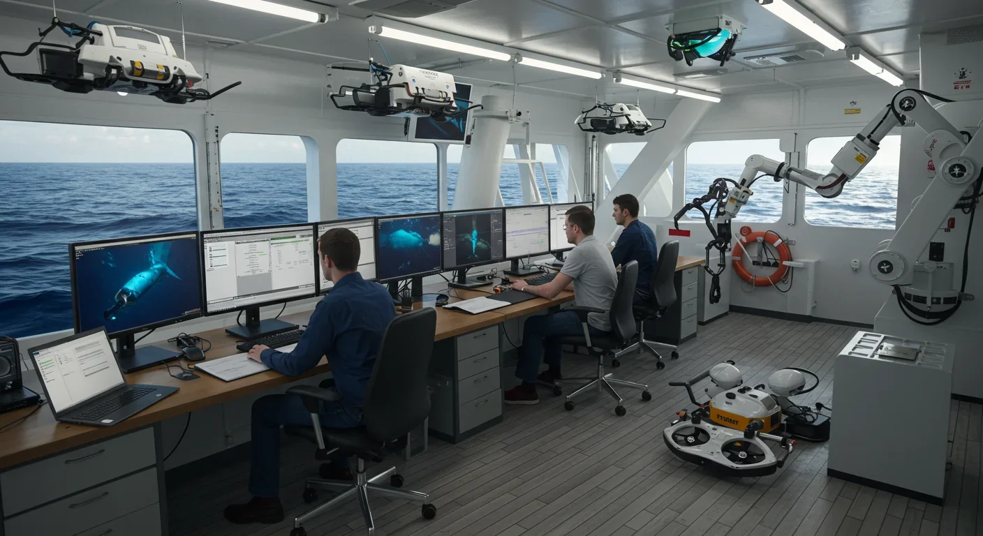 Scientists operating autonomous underwater vehicle control systems aboard research vessel