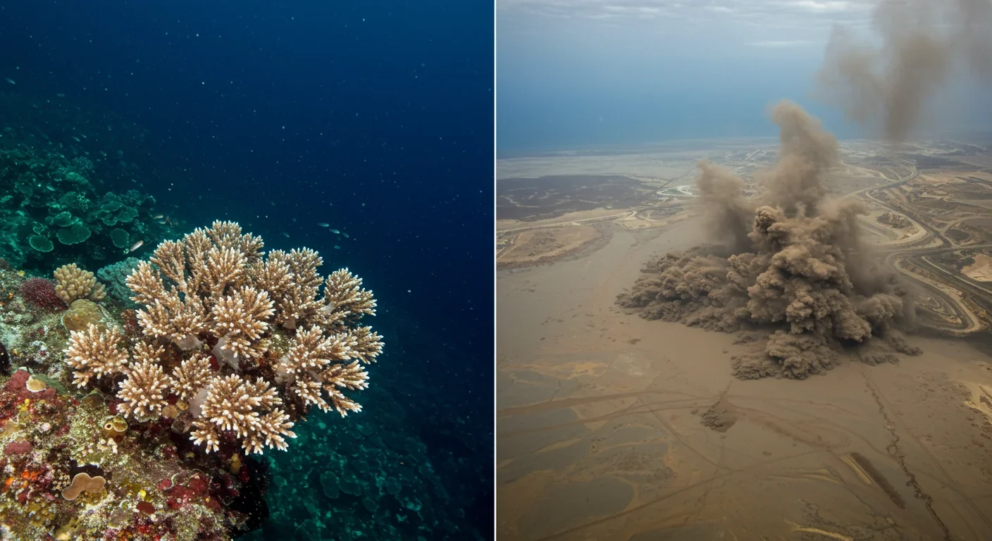 Comparison of healthy deep sea coral reef and damaged deep sea mining site with sediment plumes