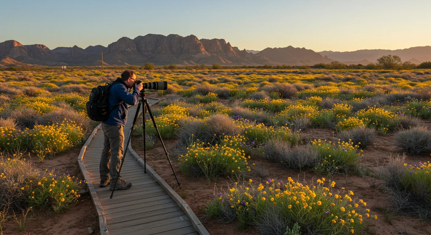 Photographer using zoom lens from trail to capture desert bloom without damaging ecosystem