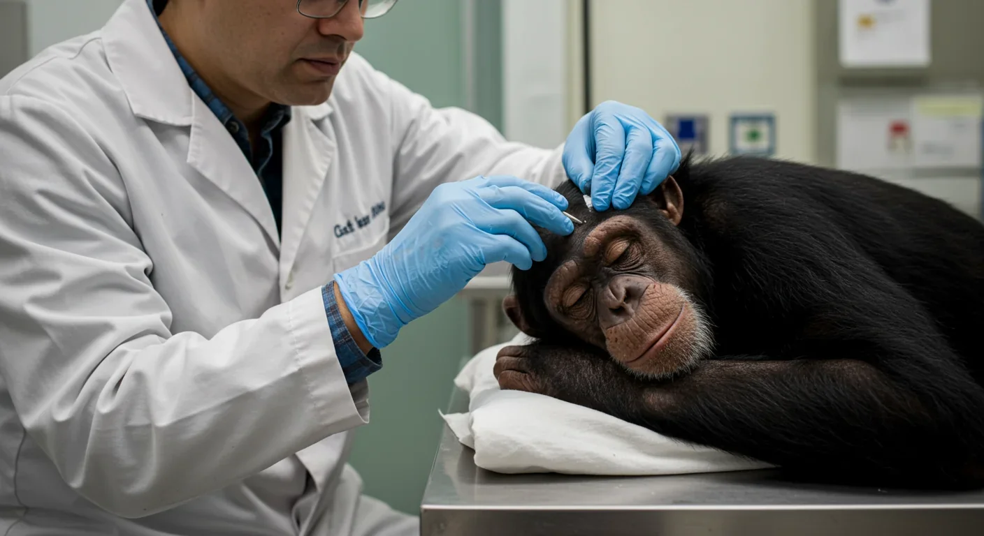Scientist conducting the classic mirror test by marking a chimpanzee during sleep for self-recognition assessment