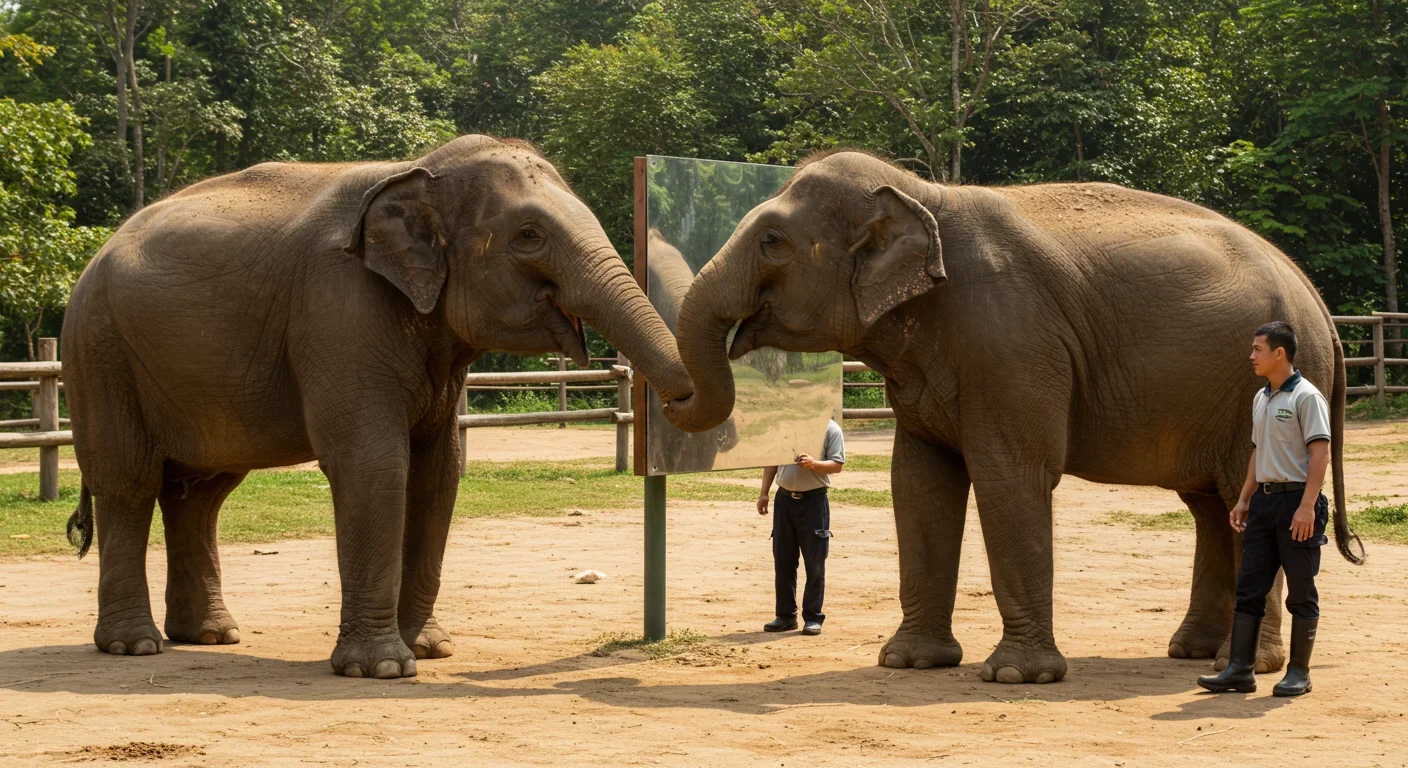 Asian elephant interacting with its reflection in a large mirror, demonstrating self-recognition ability