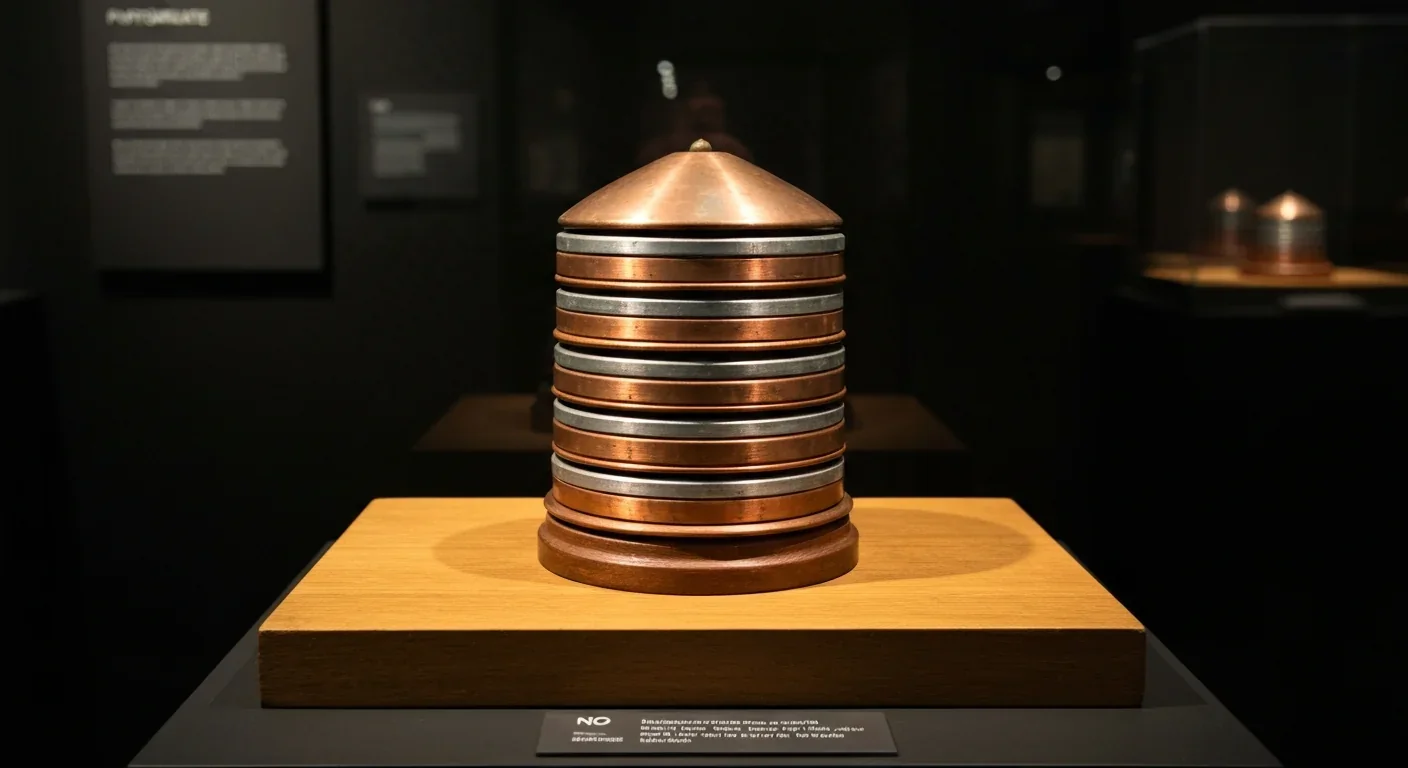 A replica of Alessandro Volta's original voltaic pile battery made of stacked copper and zinc discs on a wooden base