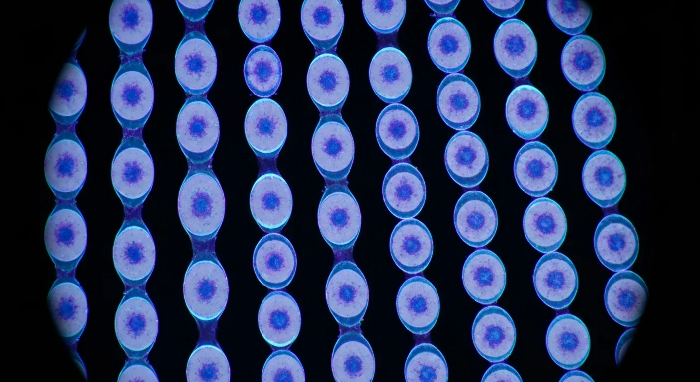 Microscope image of disc-shaped electrocyte cells arranged in organized columns with fluorescent staining