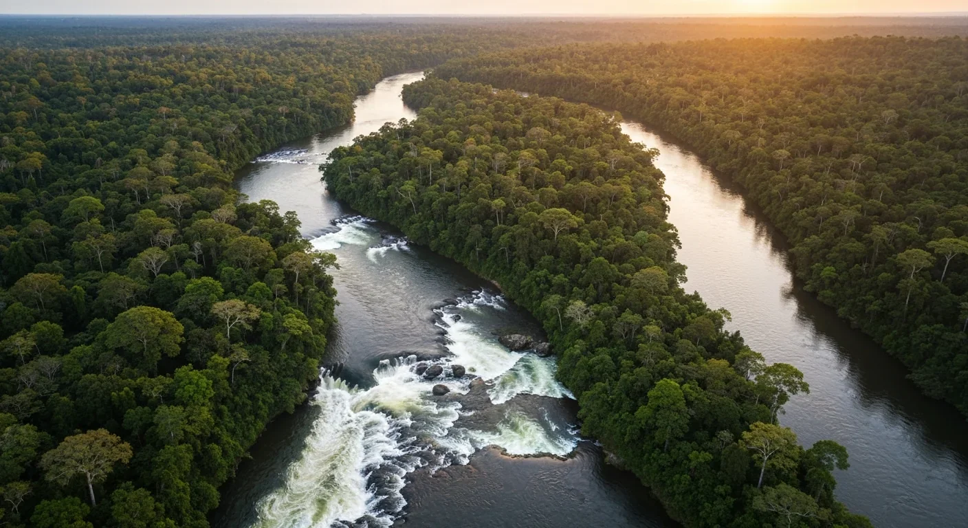 Aerial view of a winding tropical river with rapids cutting through dense green rainforest during golden hour