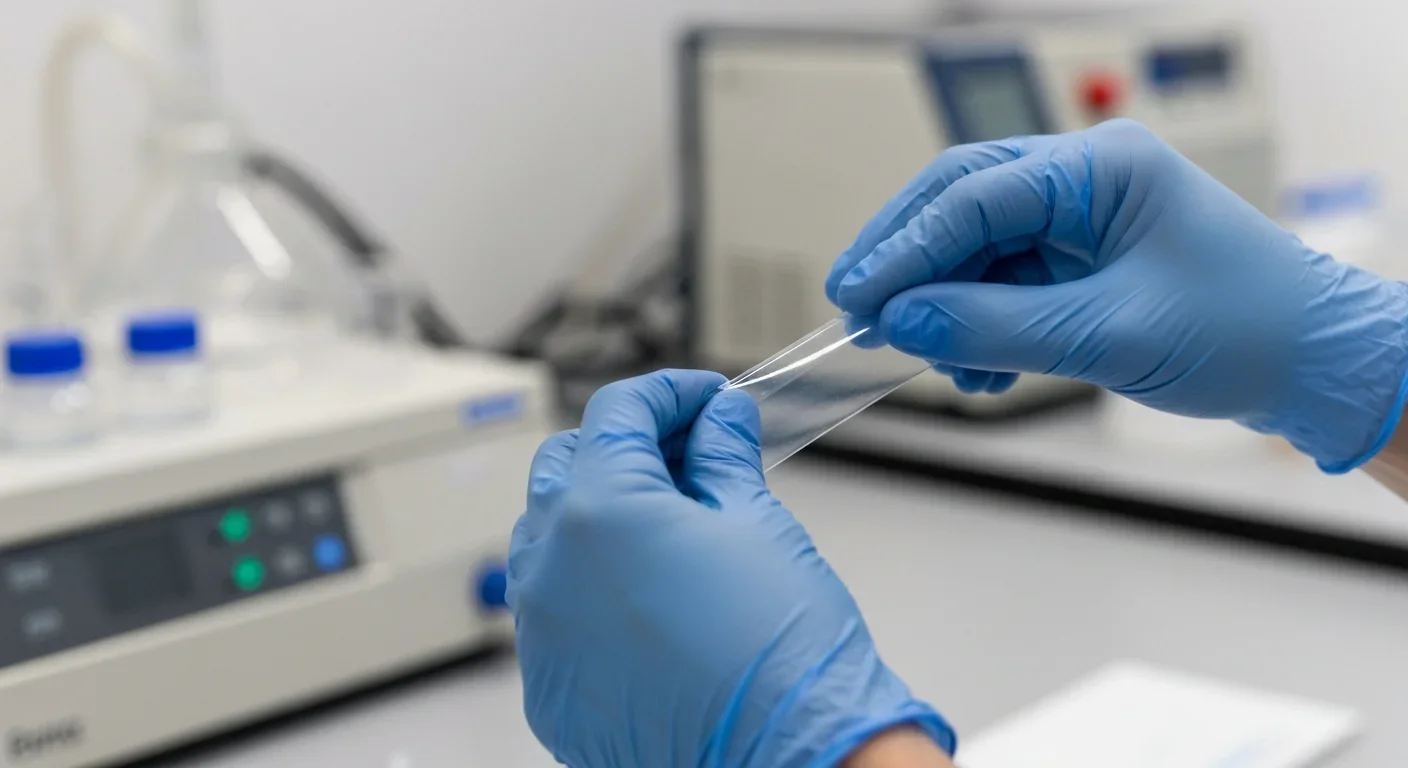 A researcher in blue gloves stretching a thin transparent hydrogel membrane in a laboratory setting
