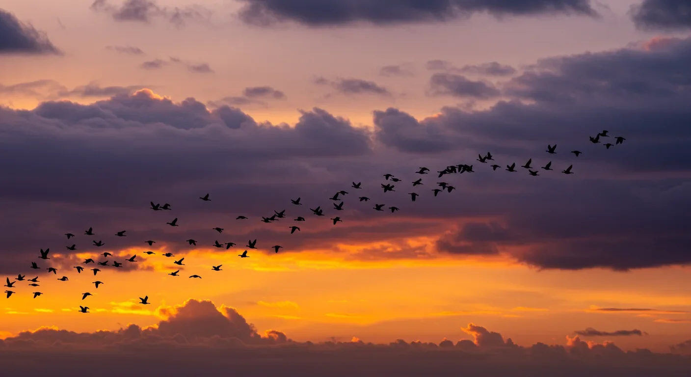 Flock of migratory birds flying in formation, demonstrating natural navigation behavior vulnerable to electromagnetic interference