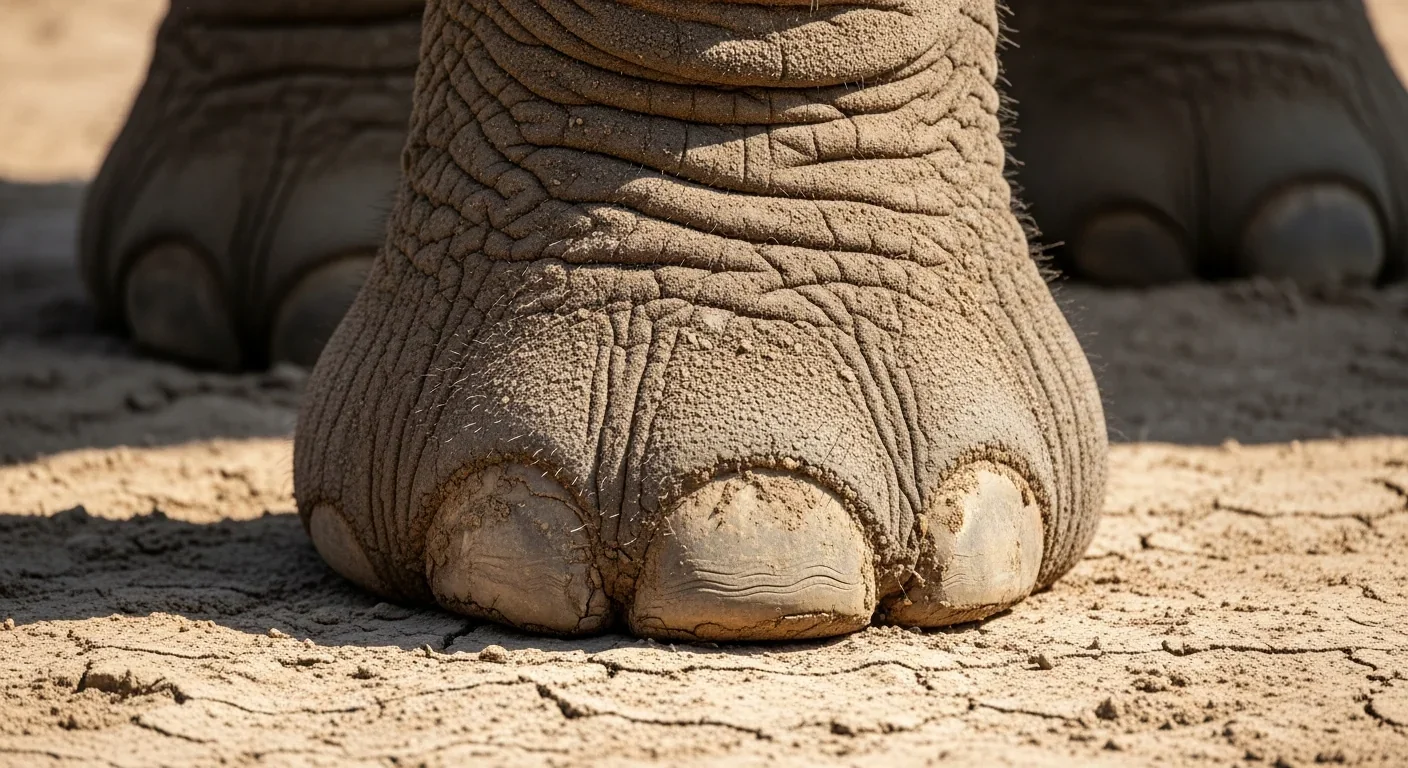 Close-up of elephant foot showing thick padded sole used for detecting ground vibrations
