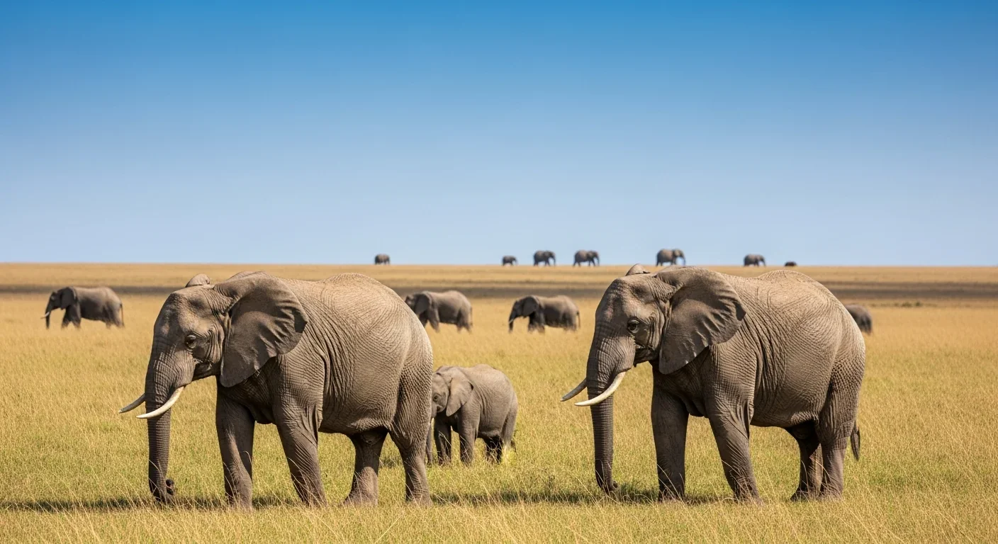 Elephant herd spread across African grassland demonstrating long-distance communication