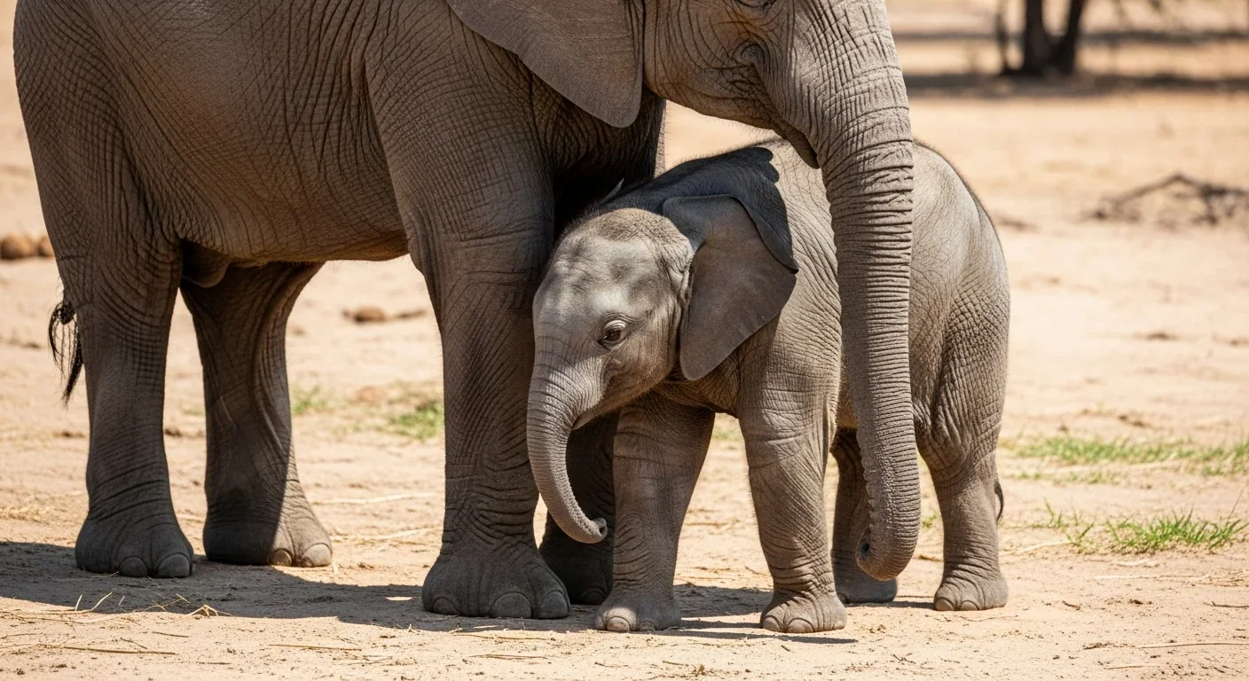 Baby elephant calf learning to detect ground vibrations next to its mother