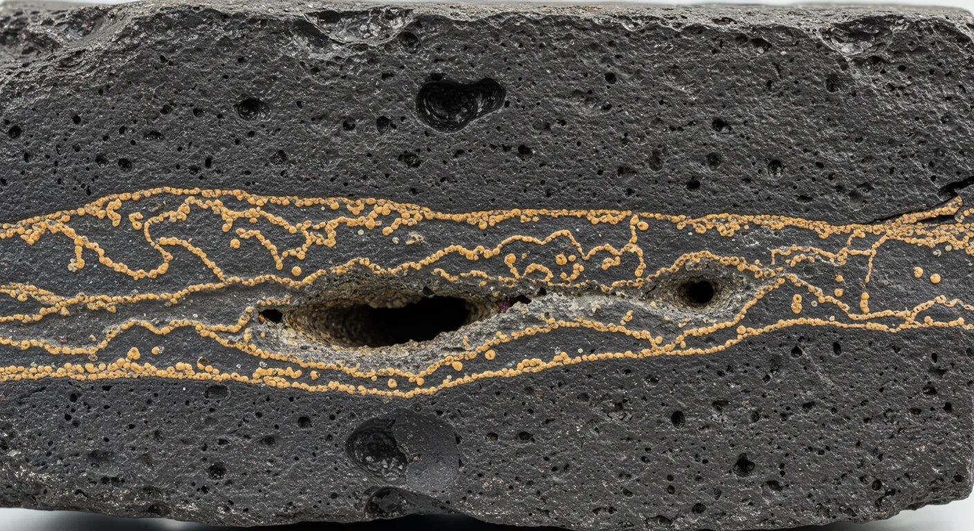 Cross-section of ocean floor basalt showing microscopic bacterial tunnels