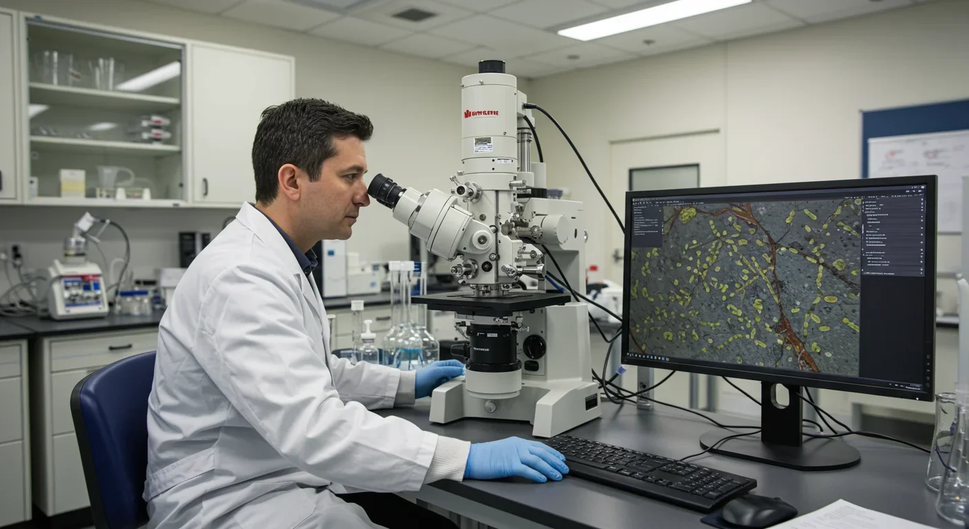 Researcher using electron microscopy to study endolithic microorganisms in rock samples