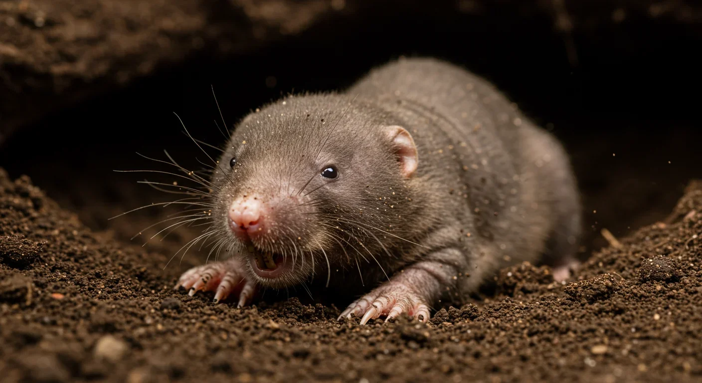 Naked mole rat worker excavating underground tunnel with prominent front teeth