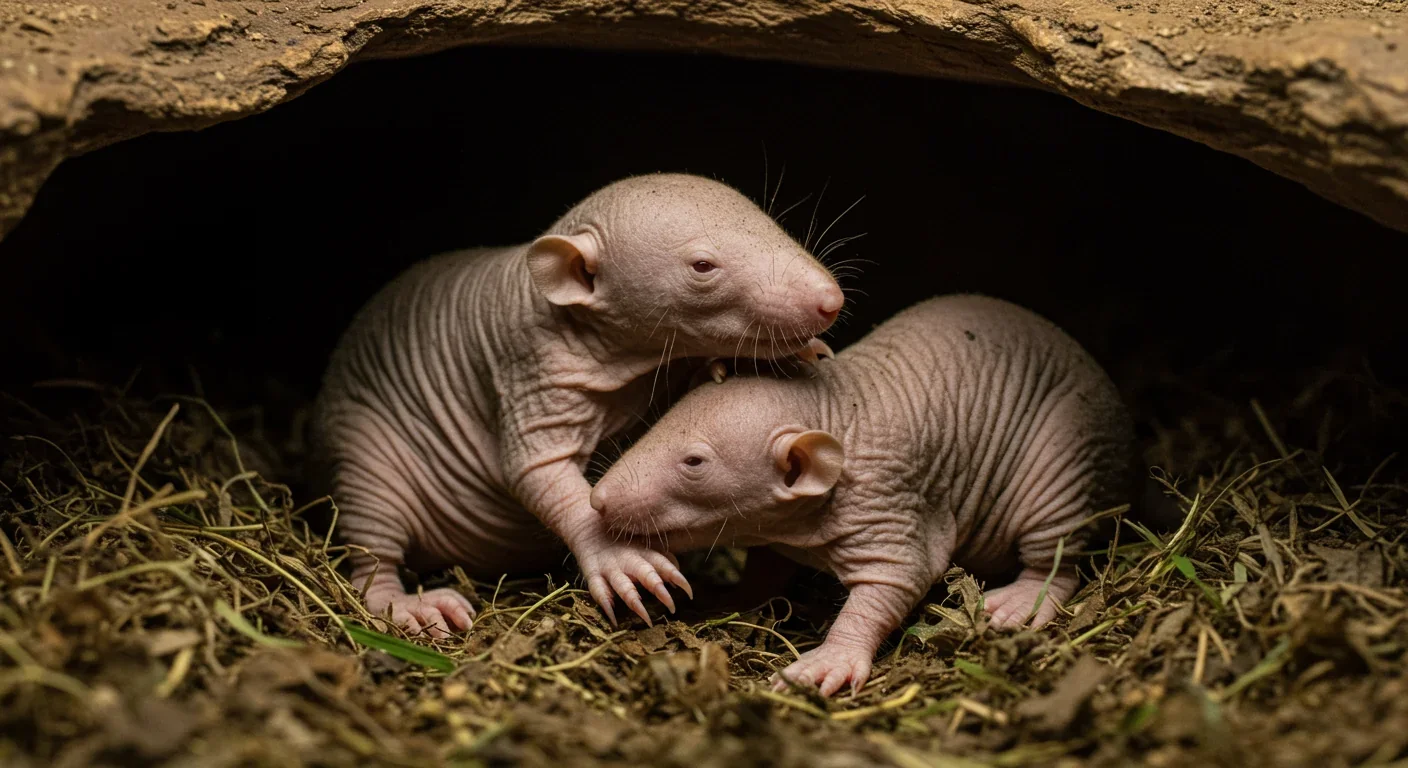 Two naked mole rats huddling together in communal nest chamber for warmth