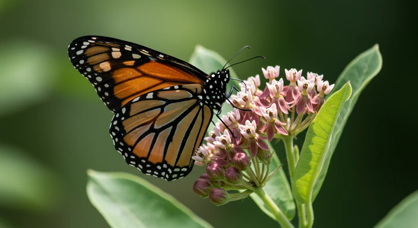 Monarch butterfly on milkweed flower showing warning coloration that evolved through coevolutionary arms race