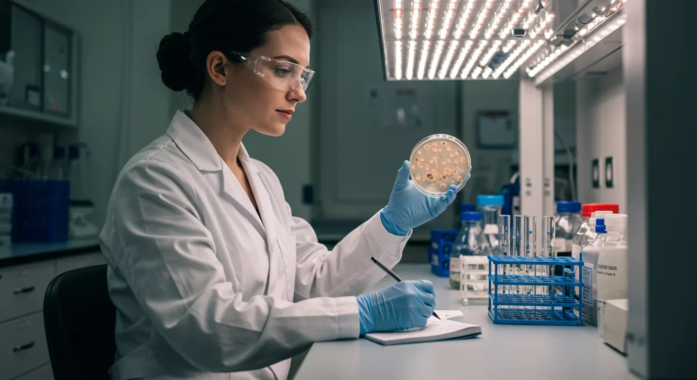 Researcher studying antibiotic-resistant bacteria demonstrating medical applications of evolutionary arms race research