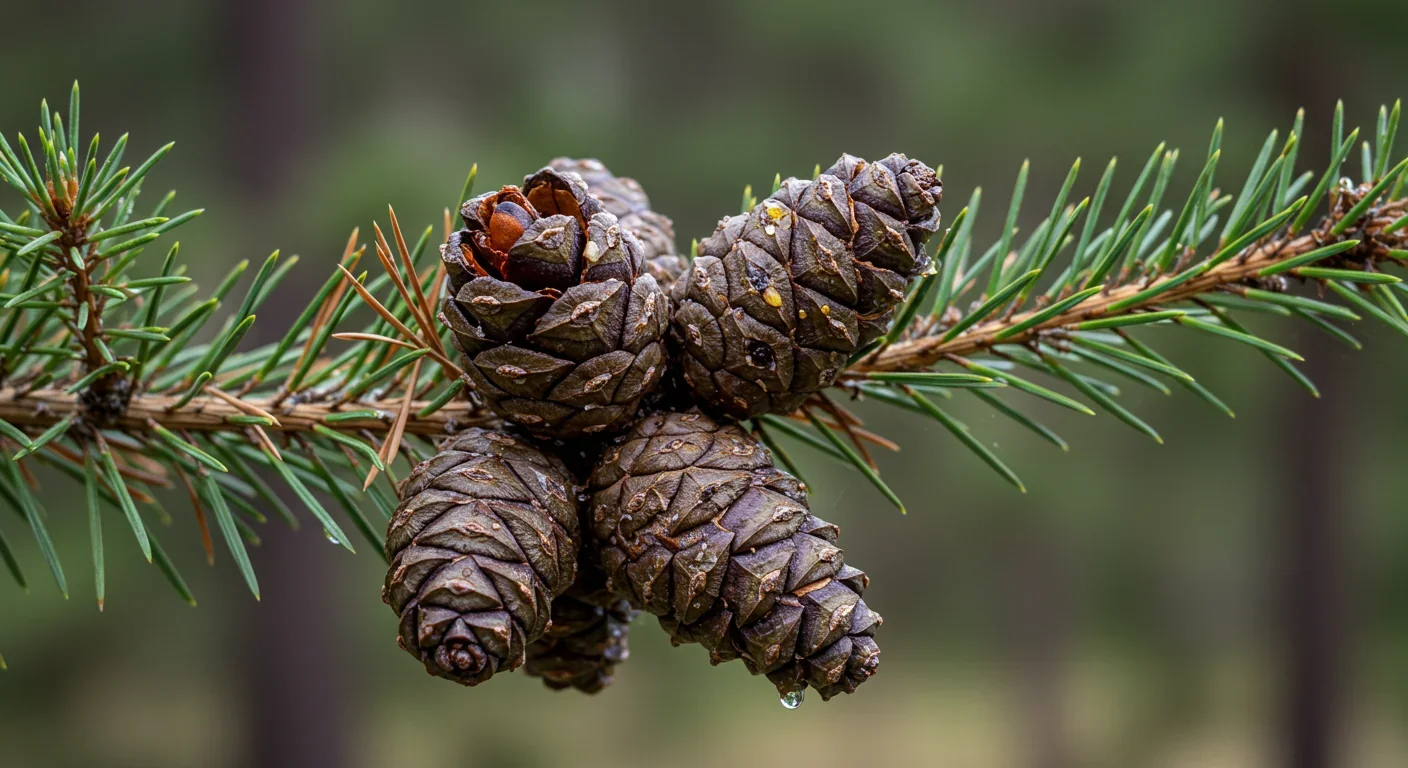 Lodgepole pine serotinous cones with resin seal that opens during fire to release seeds