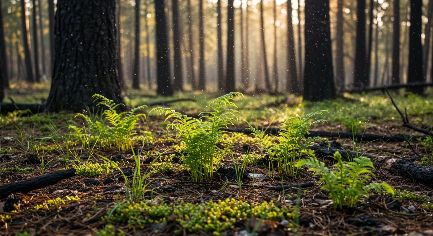 New seedlings and ferns sprouting from charred forest floor six months after wildfire