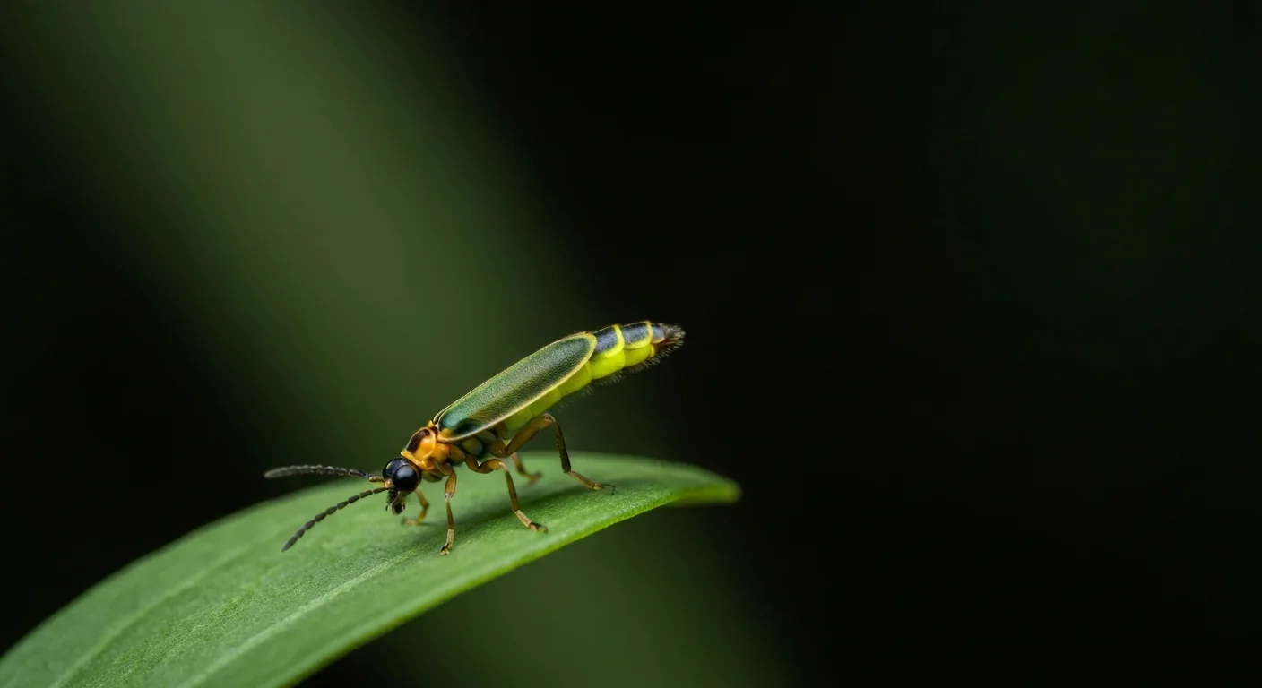 Close-up of a single firefly on a leaf with its abdomen producing a bright yellow-green glow