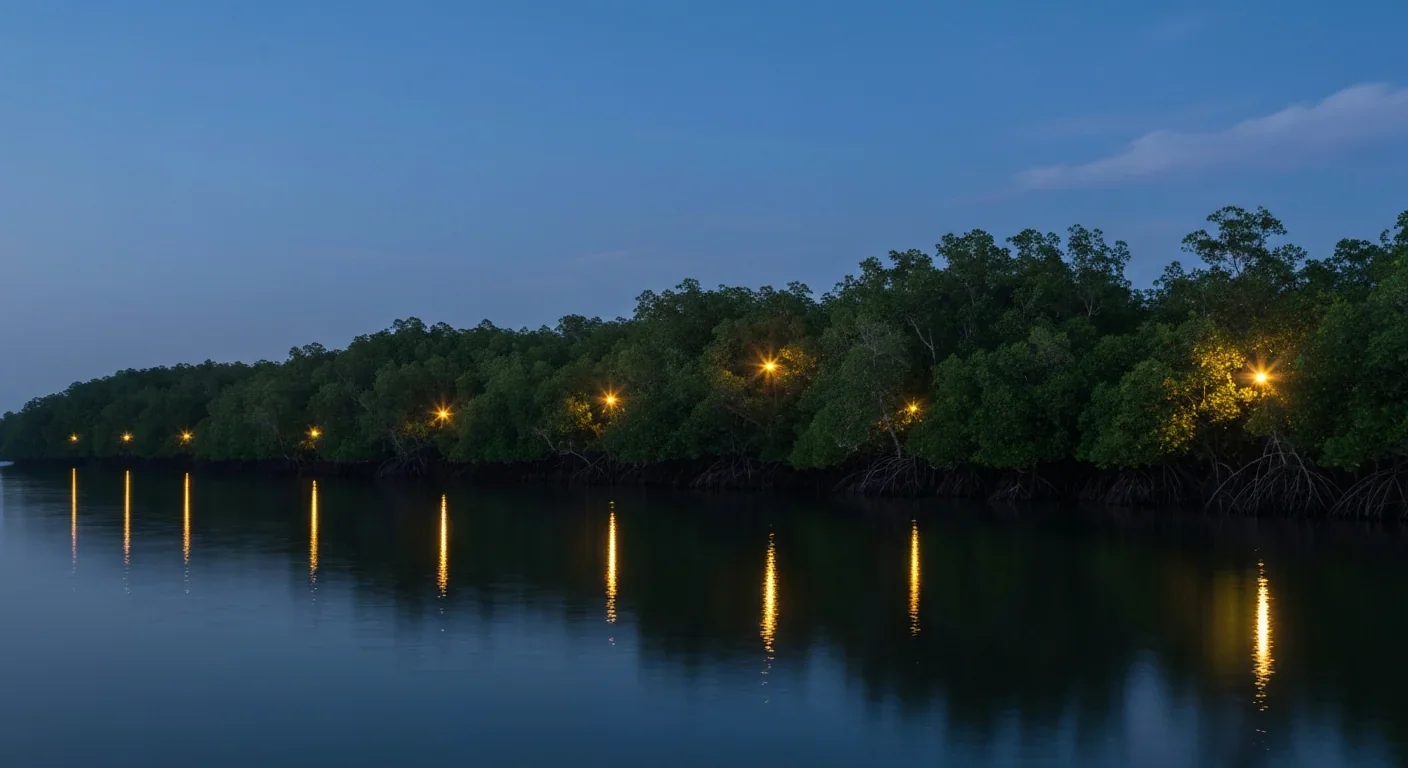 Mangrove trees along a Southeast Asian river illuminated by clusters of synchronized firefly lights at dusk