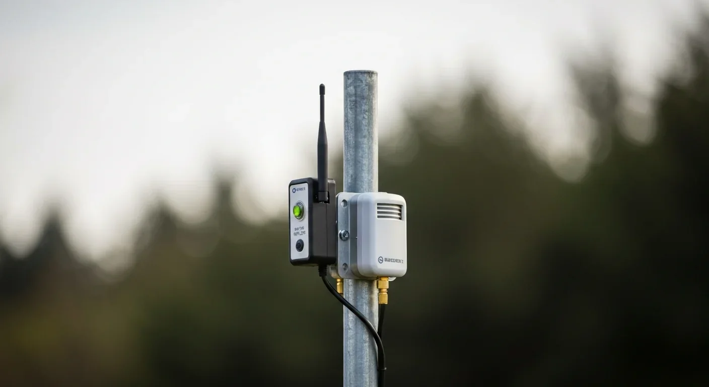 A small wireless sensor node mounted outdoors with antenna and LED indicator for environmental monitoring