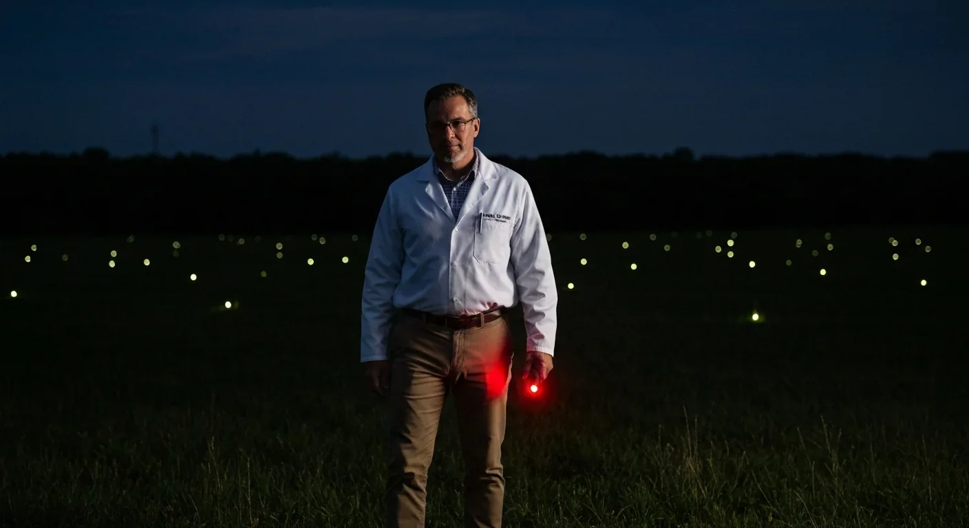 A researcher uses a dim red flashlight during nighttime fieldwork studying firefly populations