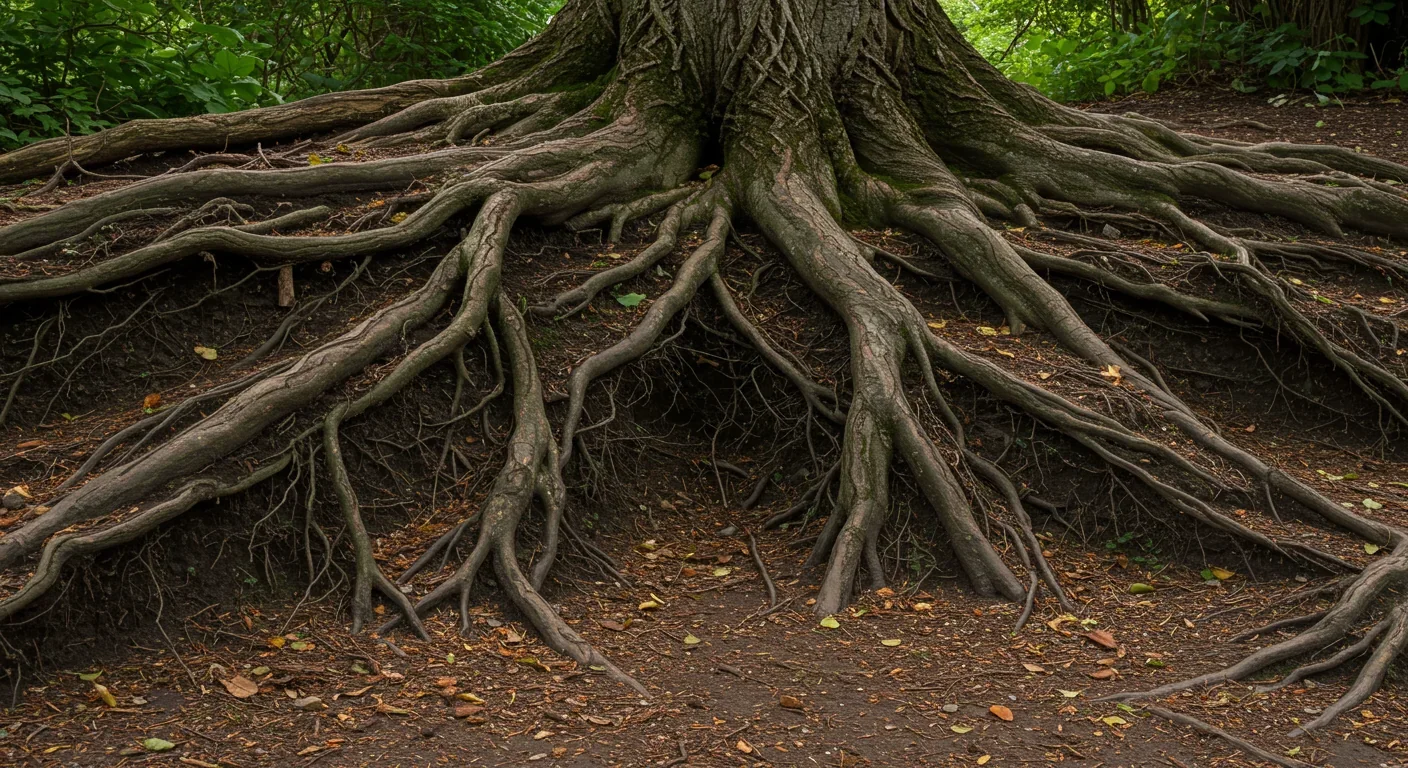 Tree root system showing the underground network that maintains circadian rhythms without light