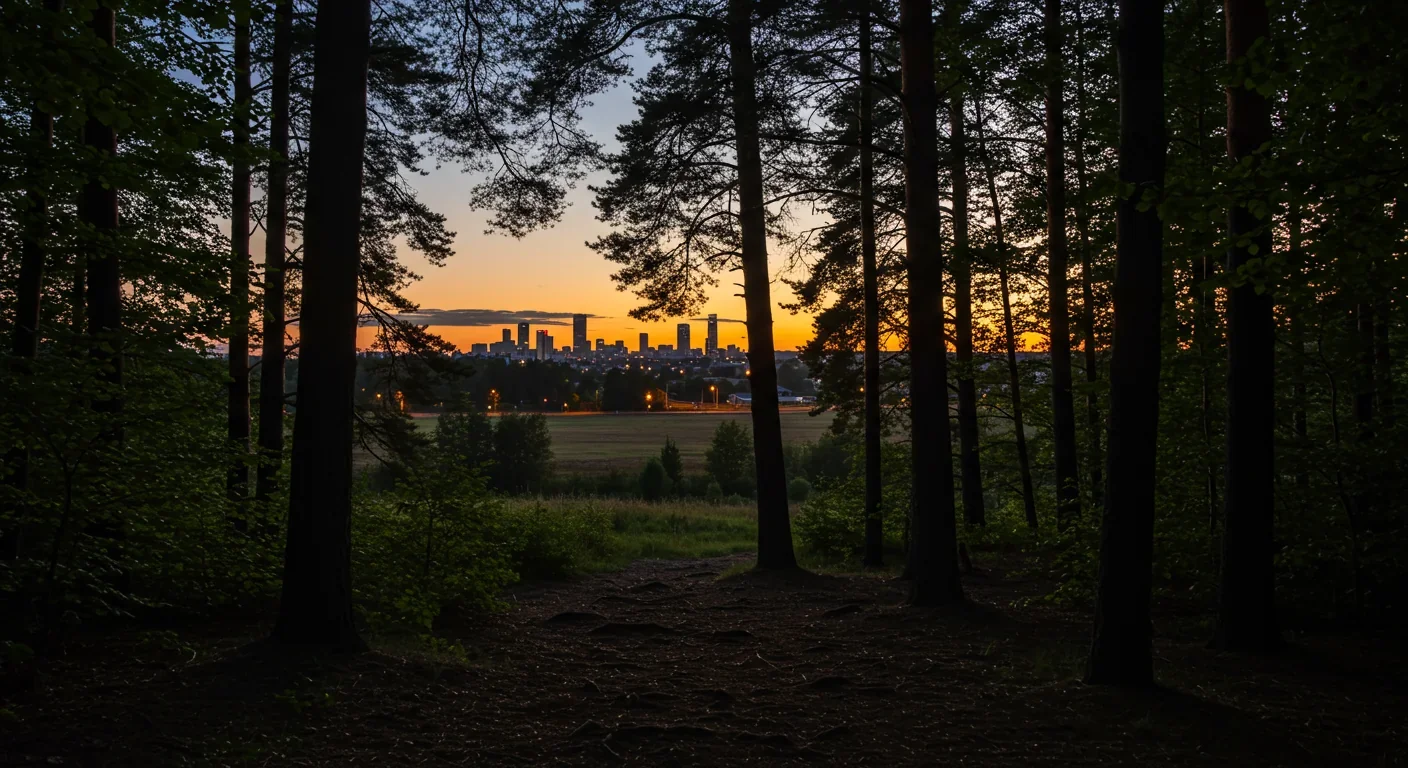 Forest edge showing artificial light pollution affecting natural tree rhythms