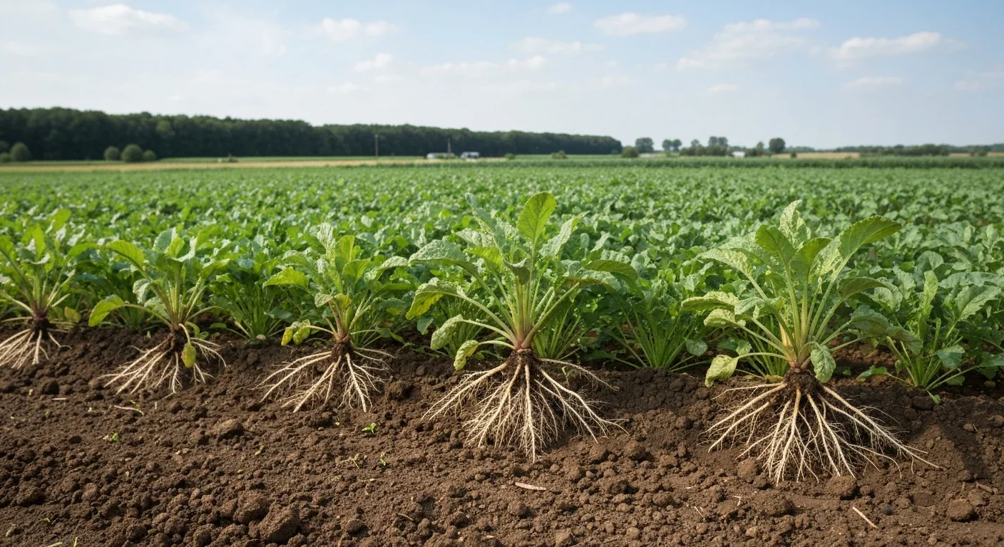 Thriving agricultural crops with healthy root systems in rich soil demonstrating mycorrhizal benefits