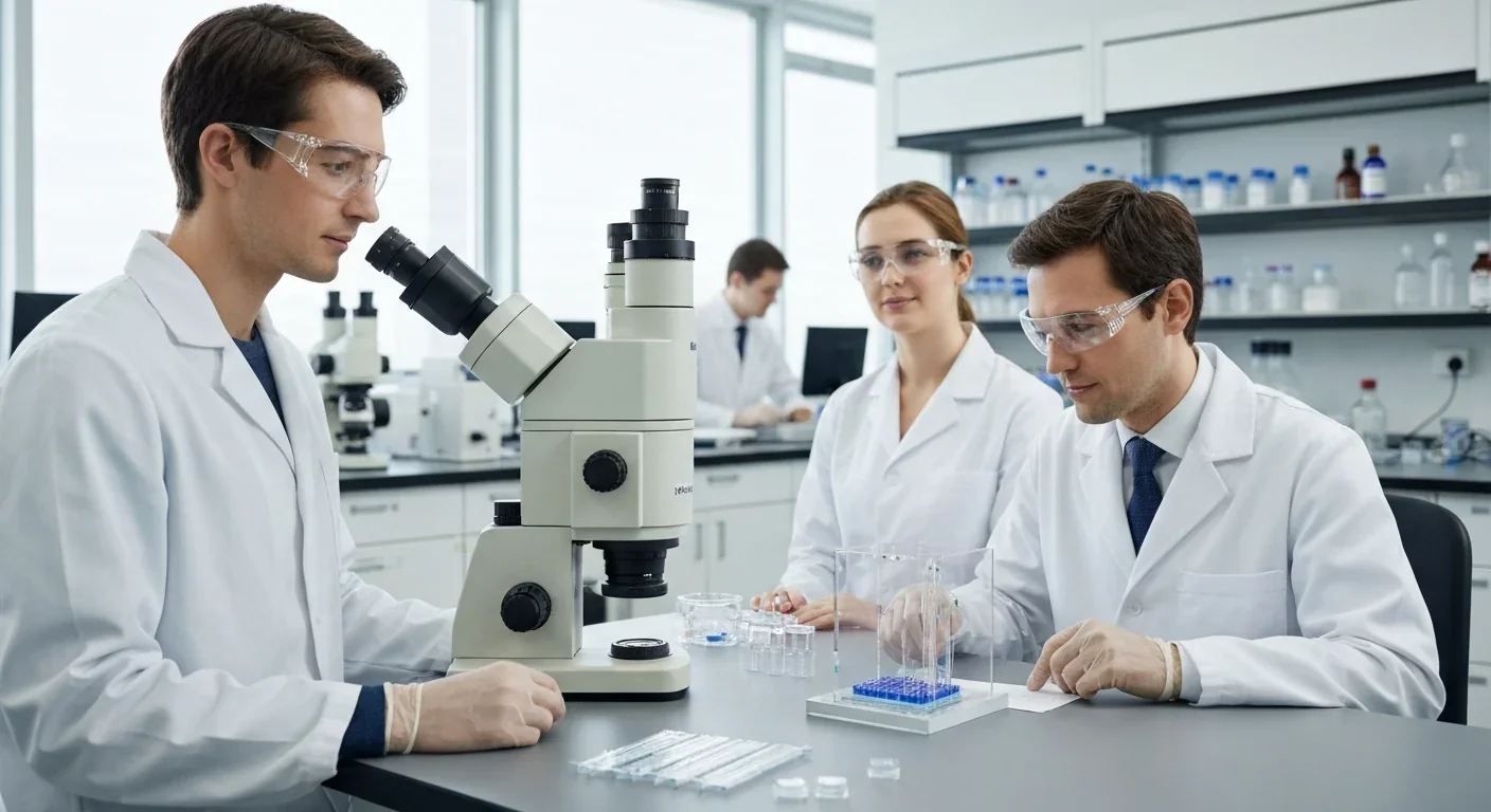 Research scientists examining microfluidic device for studying fungal hydraulic systems