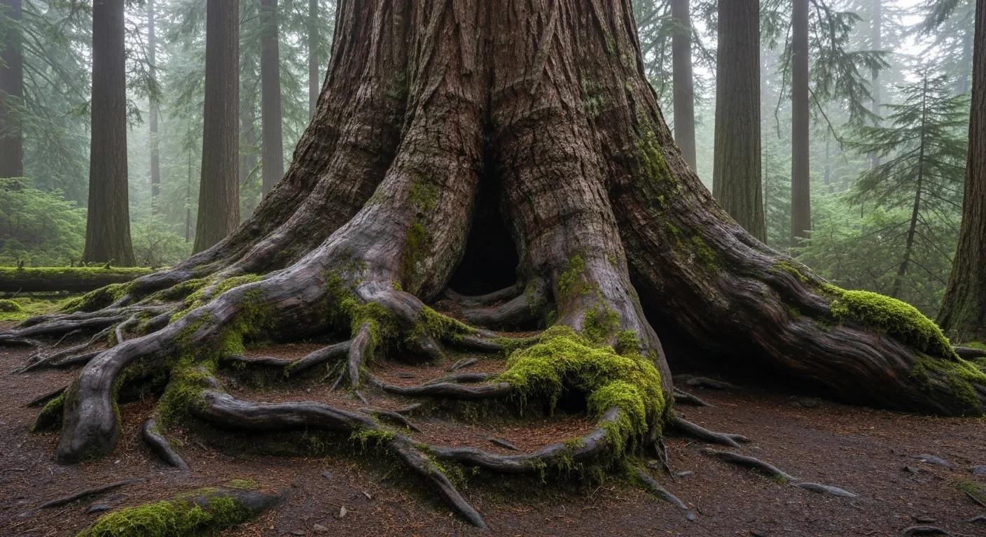 Massive tree trunk base with extensive root systems visible in misty old-growth forest