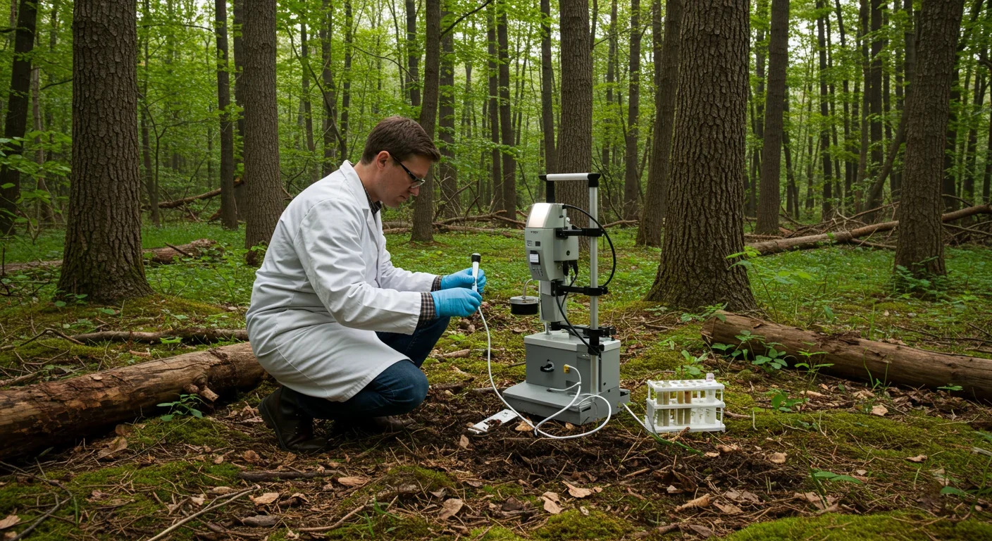 Multiple trees standing in a forest with partially exposed root systems, representing the interconnected nature of woodland ecosystems
